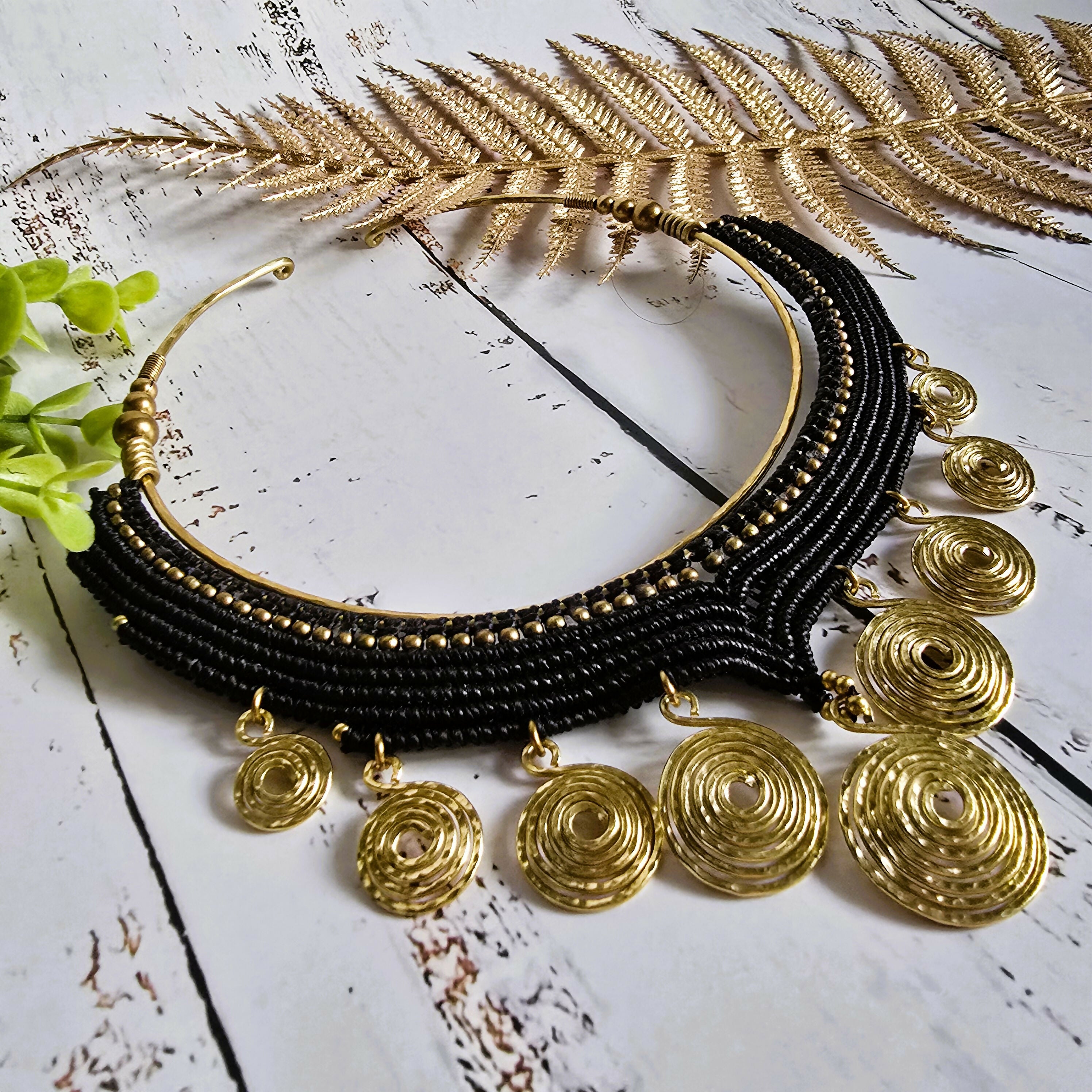 Black Macrame & Gold Brass Wire Spiral Choker; Egyptian Queen Tribal Statement Thai Jewellery