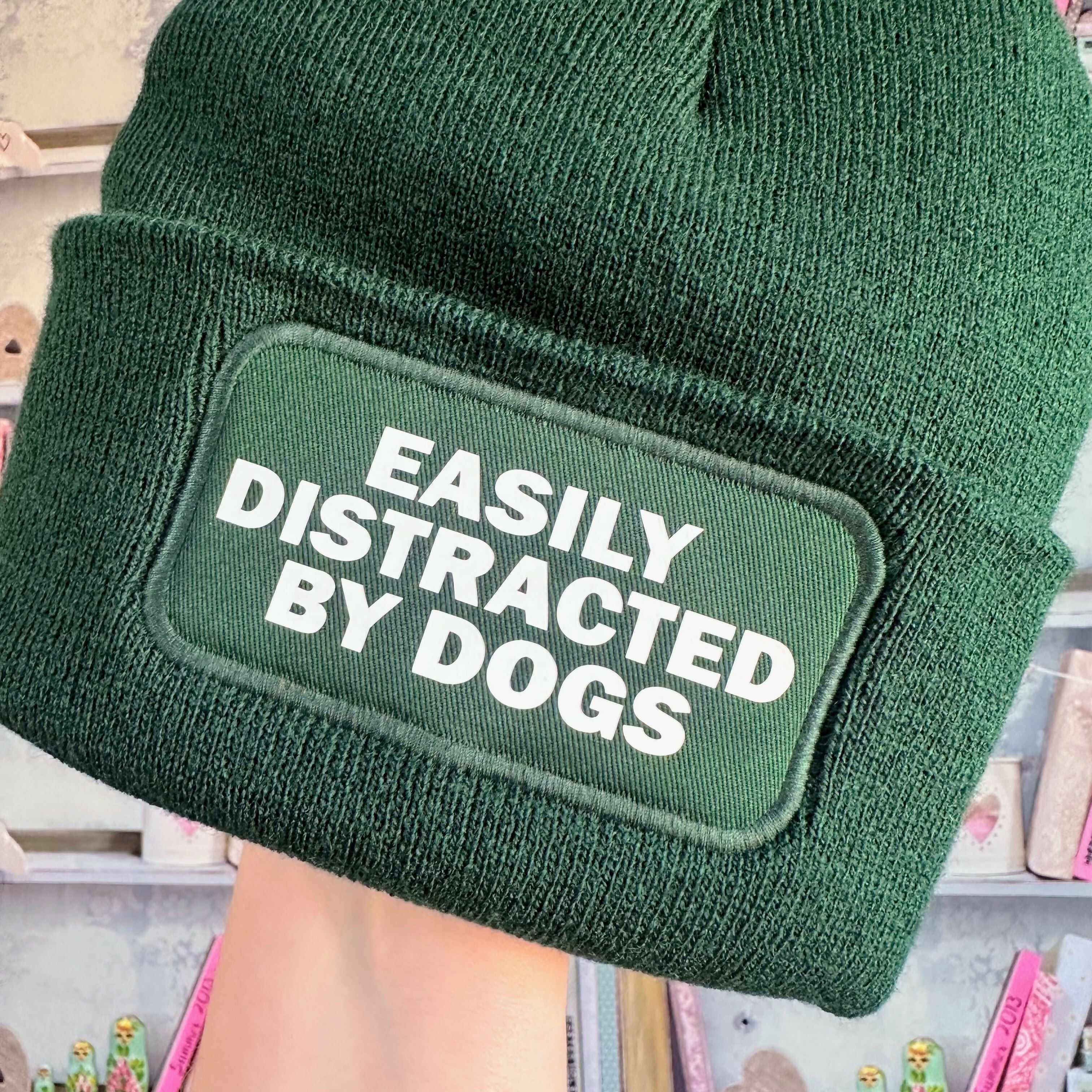 Easily Distracted By Dogs Cuffed Rectangular Patch Beanie Hat
