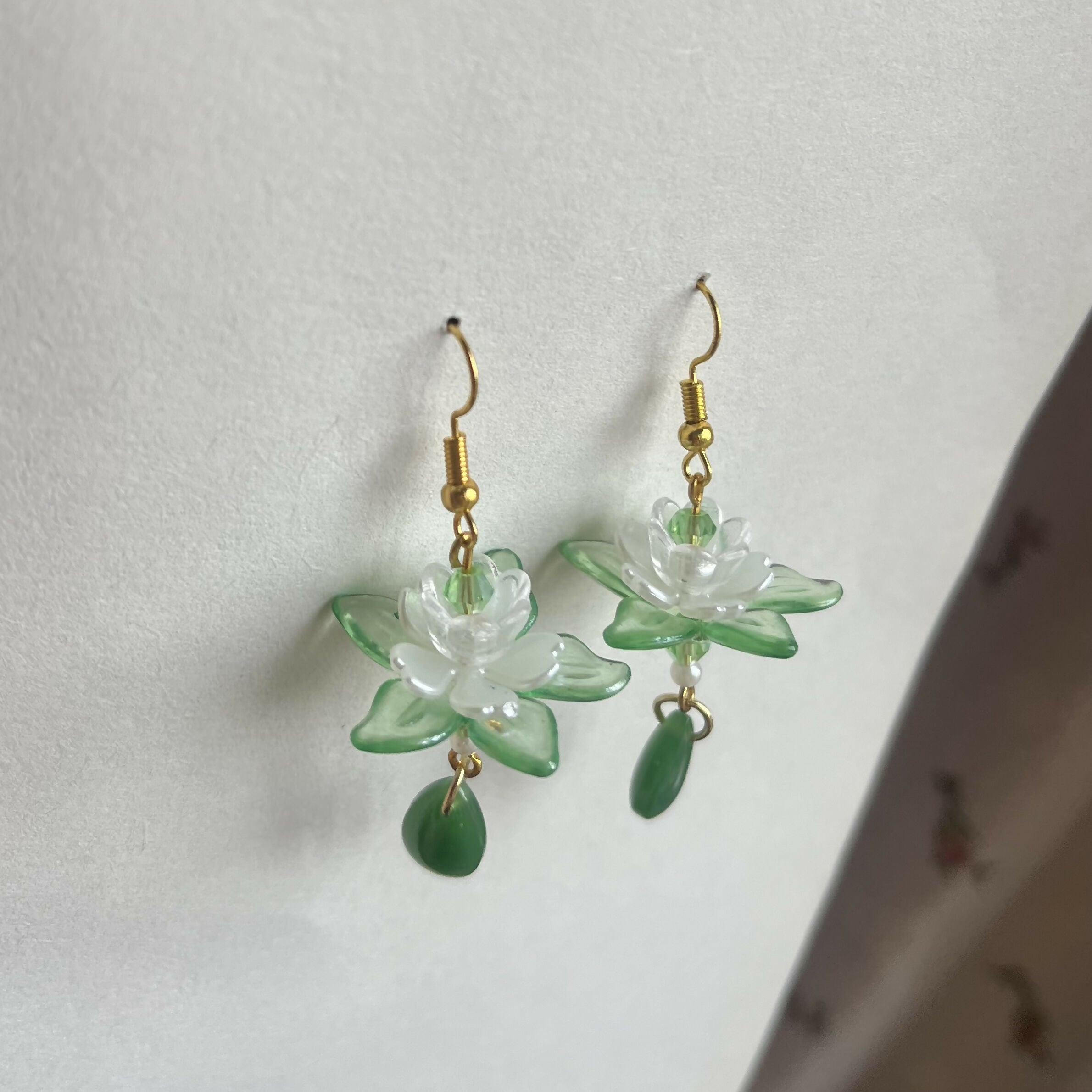 Lotus Flower Green Earrings Glass Teardrop