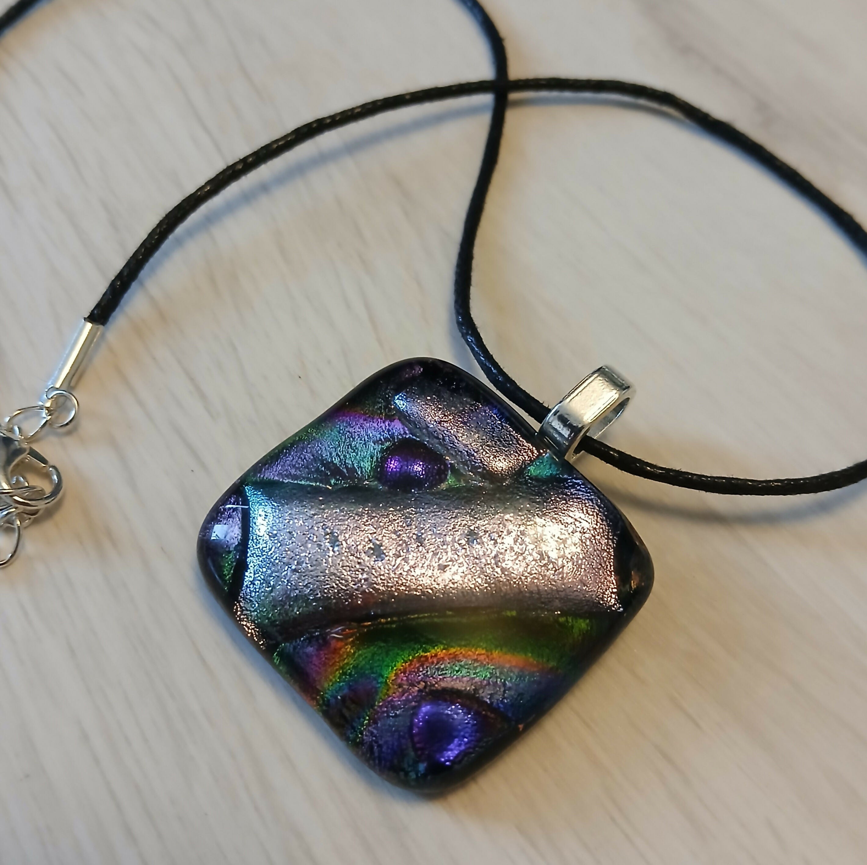 Fused Dichroic Glass Square Pendant With a Cord Necklace (Silver, Purple and Green)