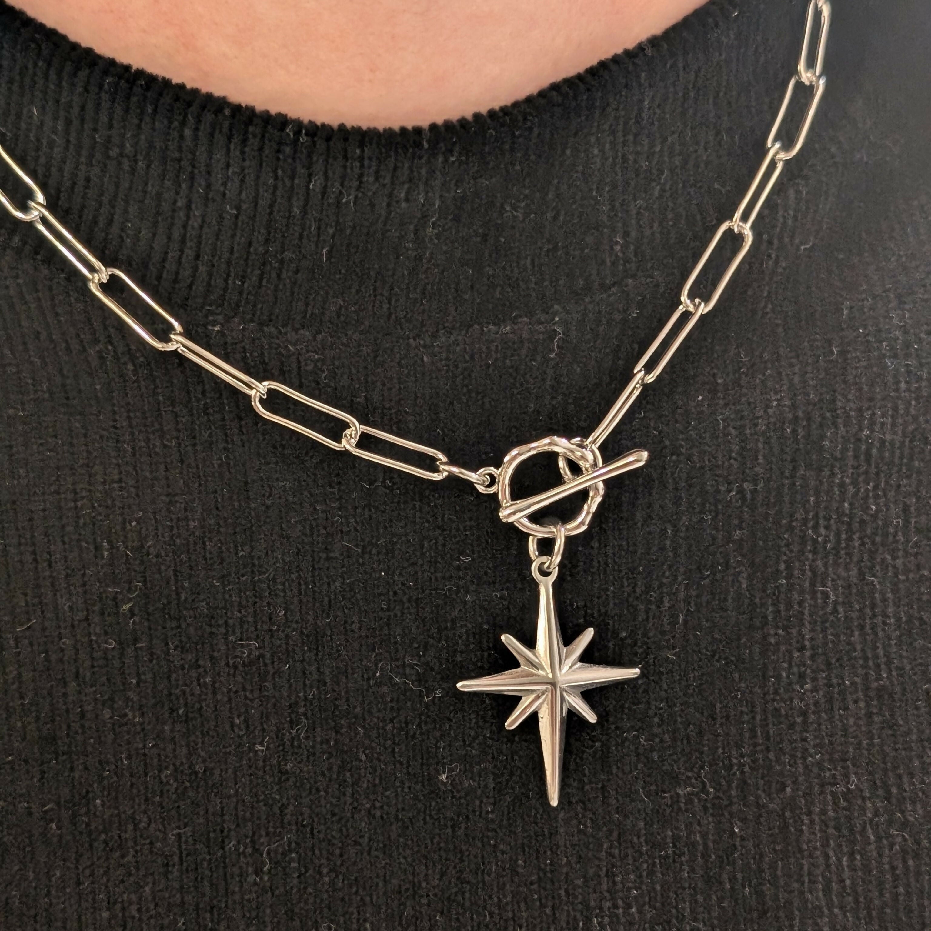 Silver North Star Toggle Necklace on Paperclip Silver Plated Chain