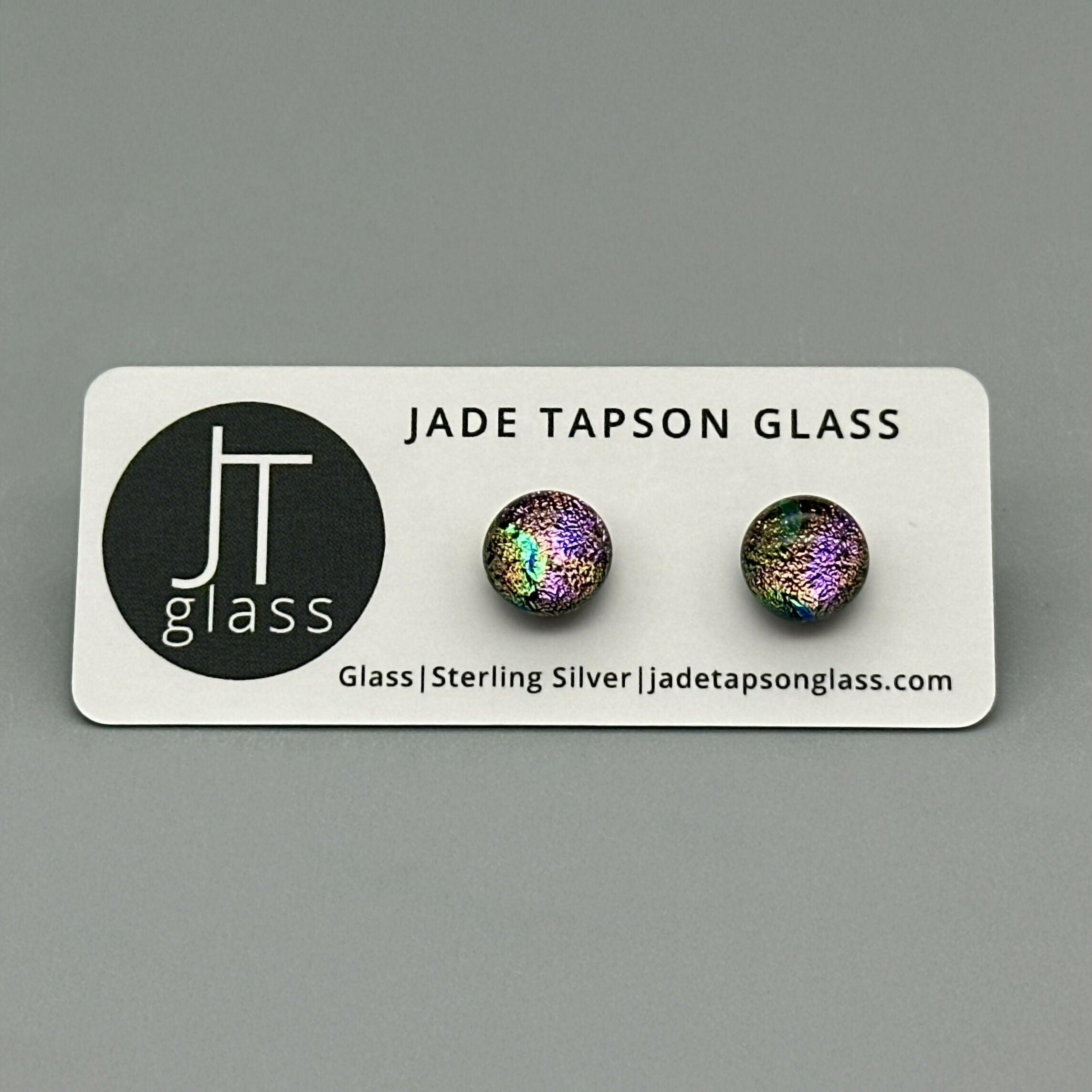 Rainbow Dichroic Fused Glass Sterling Silver Stud Earrings - Handmade by Jade Tapson Glass.