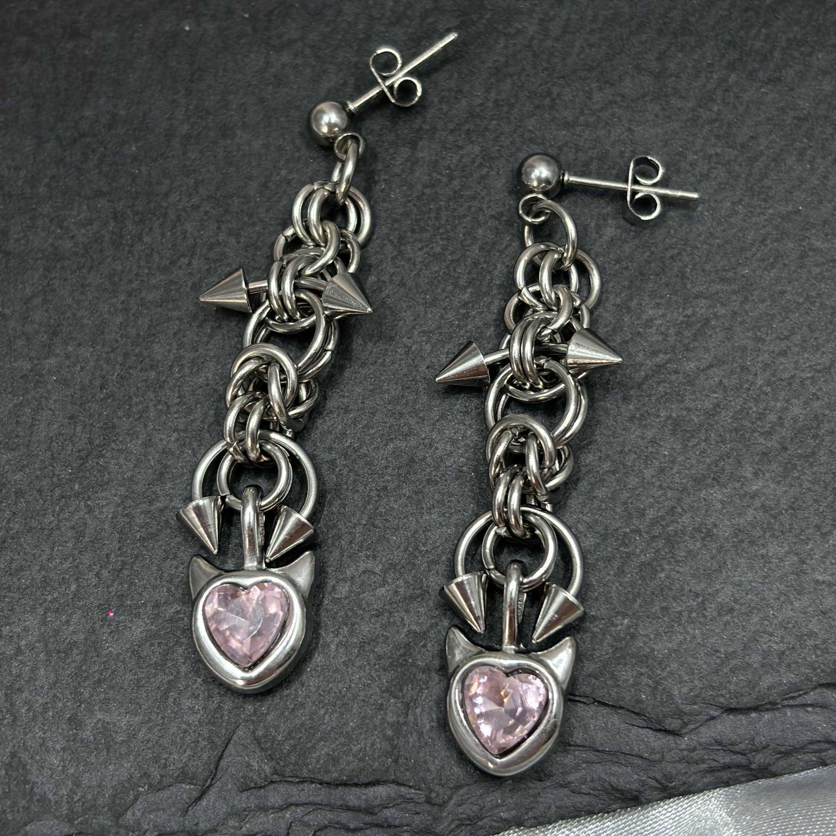 Spiked Pink Heart Chainmail Earrings
