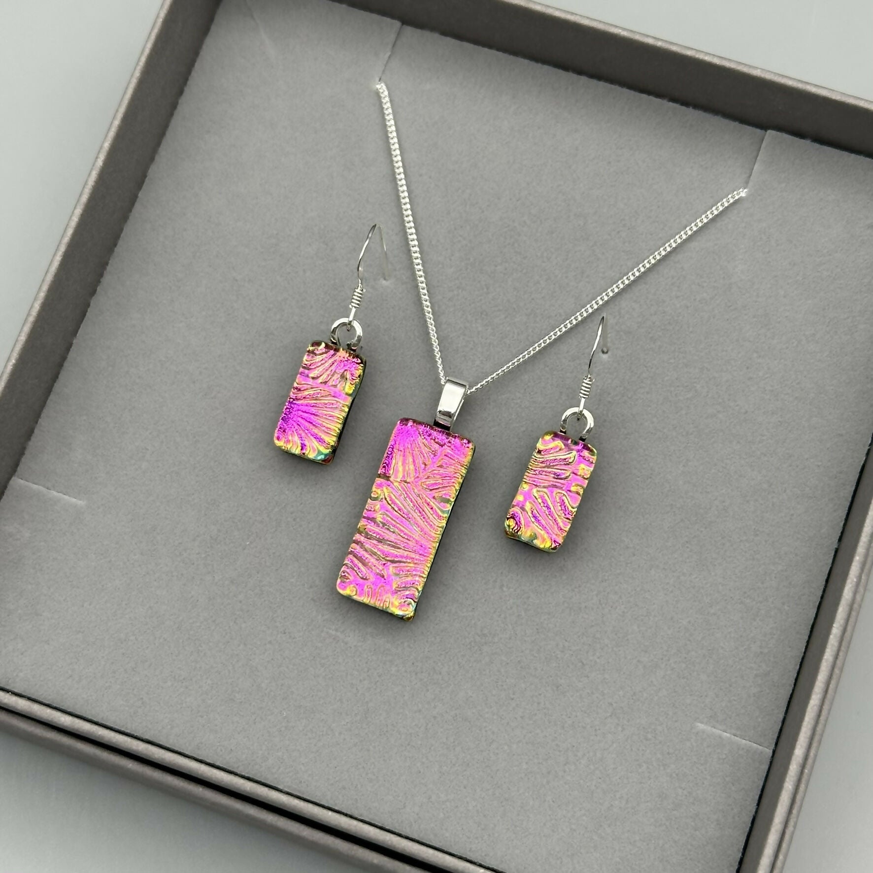 Pink Flower Dichroic Glass Necklace and Earrings Set - Sterling Silver, Handmade by Jade Tapson Glass.