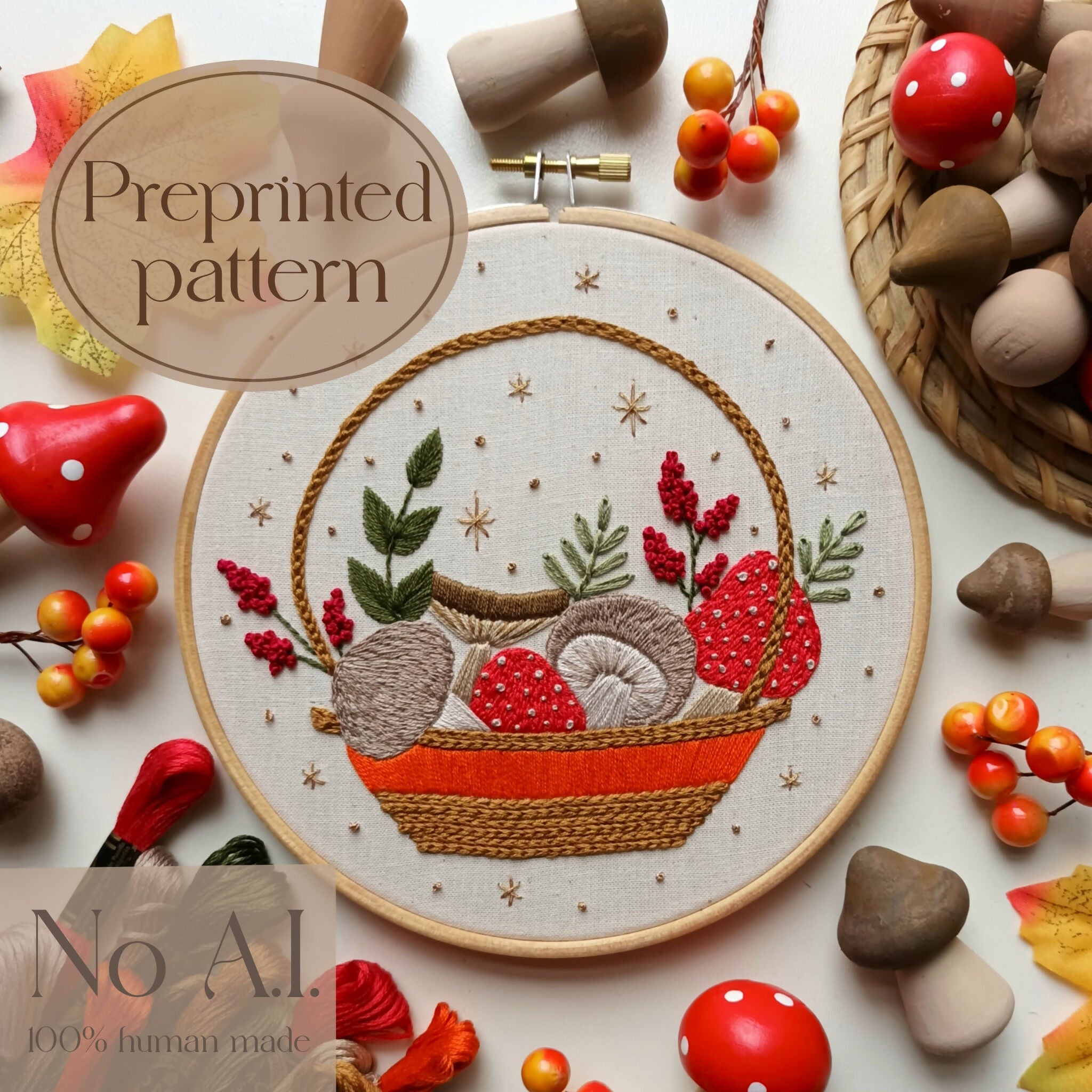 Preprinted embroidery pattern for beginners - Mushroom basket