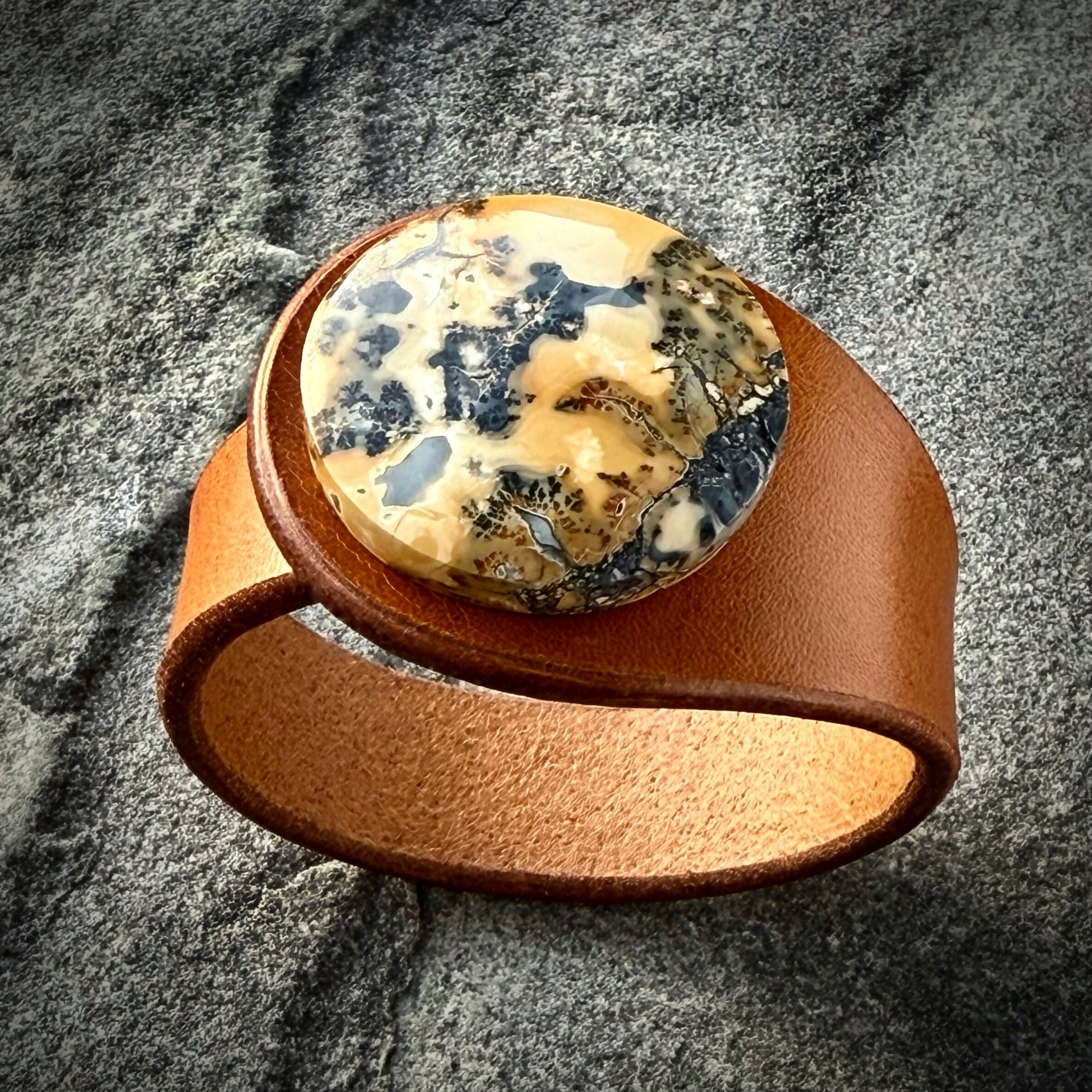 Handcrafted Natural Leather & Maligano Jasper Gemstone Bracelet - Size S or M