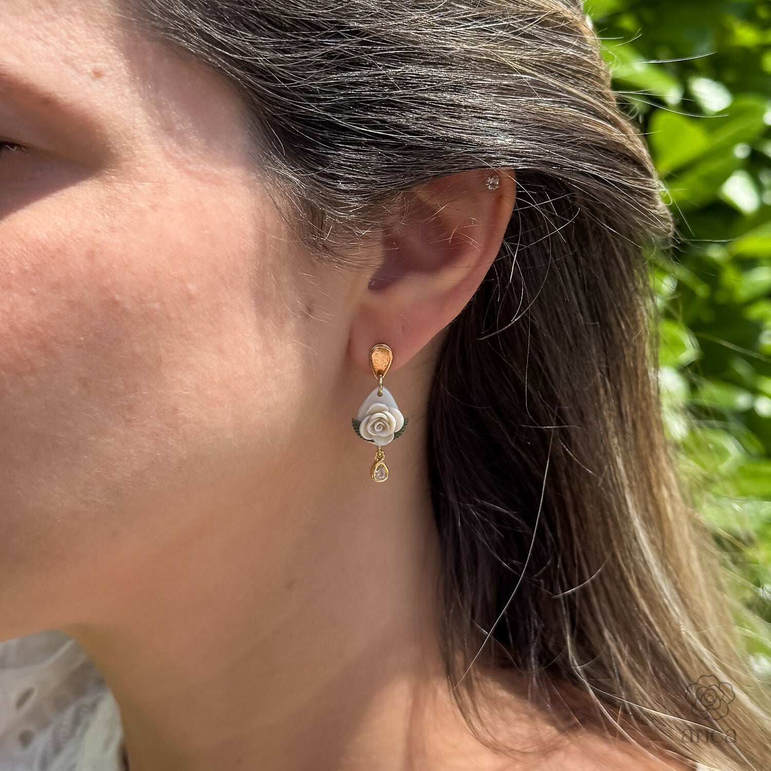 White Rose Drop Earrings with Green Leaf and Crystal Teardrop Detail