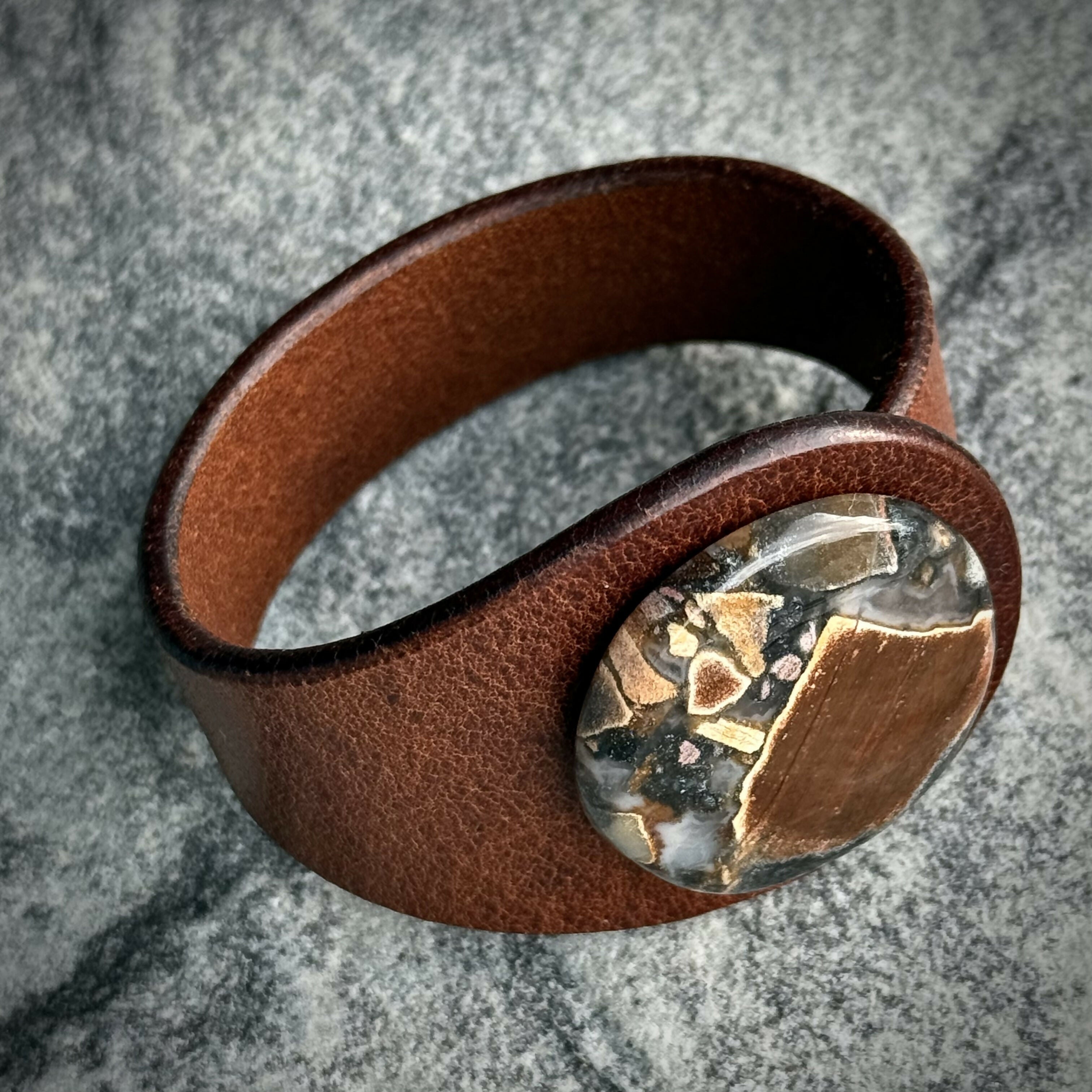 Handcrafted Natural Leather & Taboo Jasper Gemstone Bracelet - Size S or M
