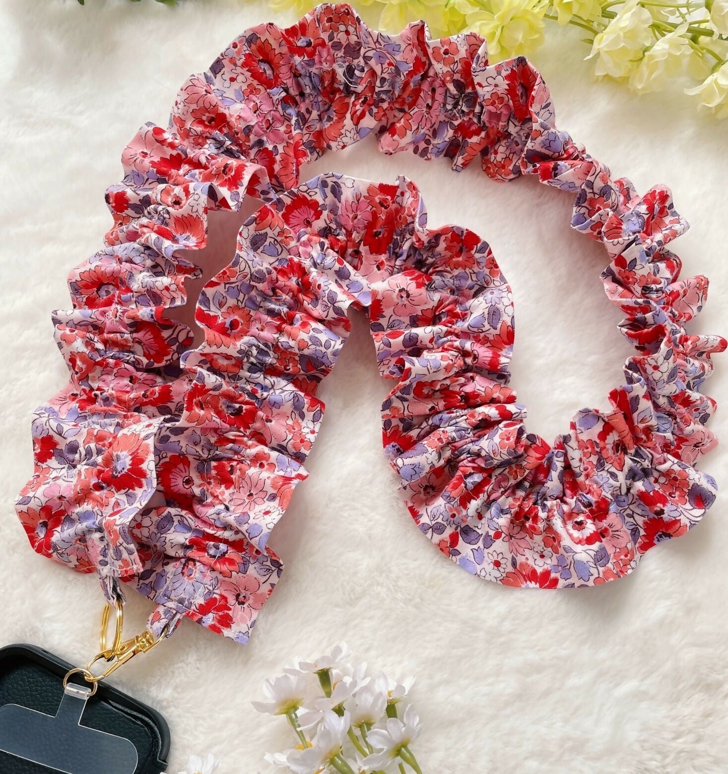 Handmade Ruffled Crossbody Phone Strap Ditsy Archive Red