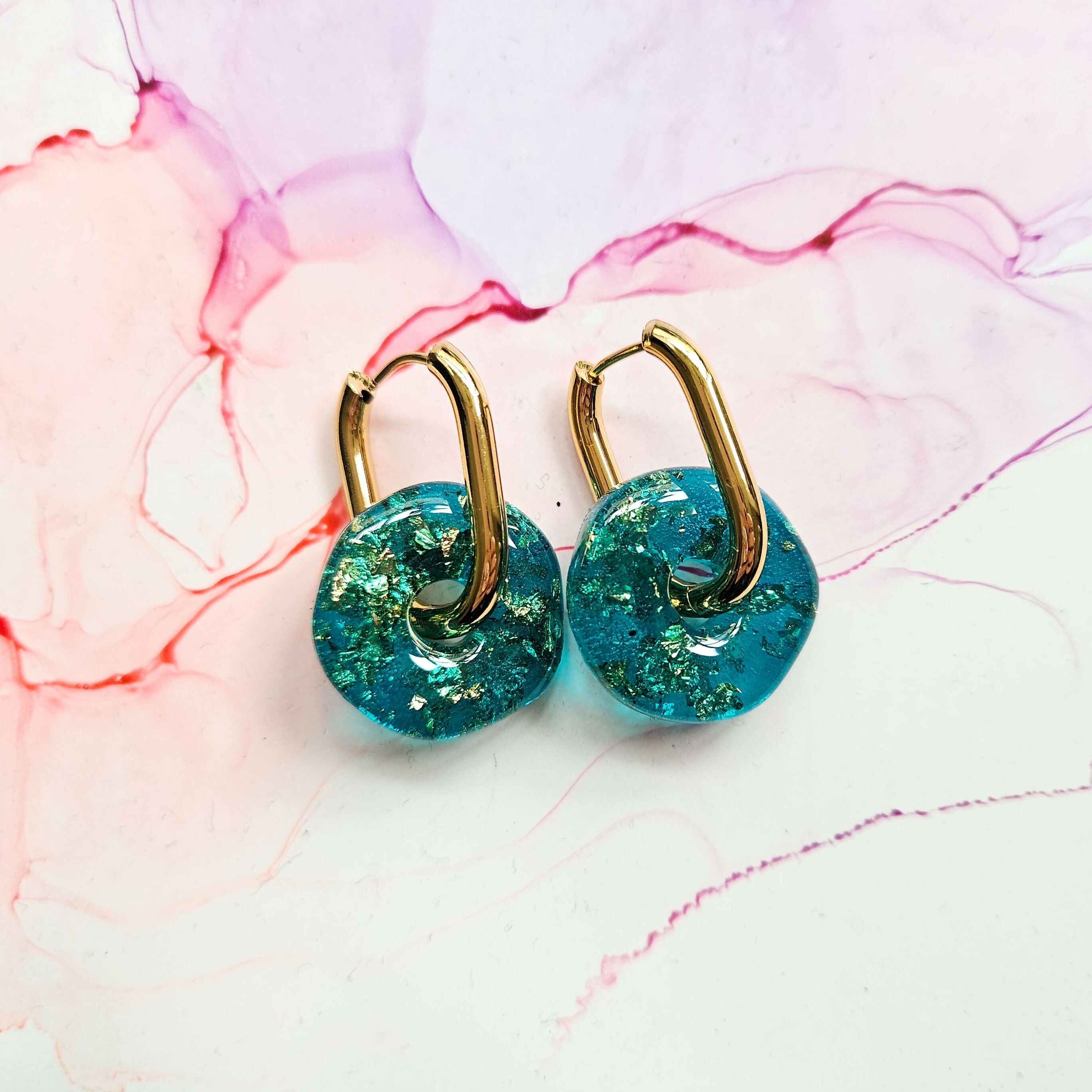 Handmade Translucent Teal Circle Resin Charms With Encased Gold Leaf On Chunky Oval Hoops