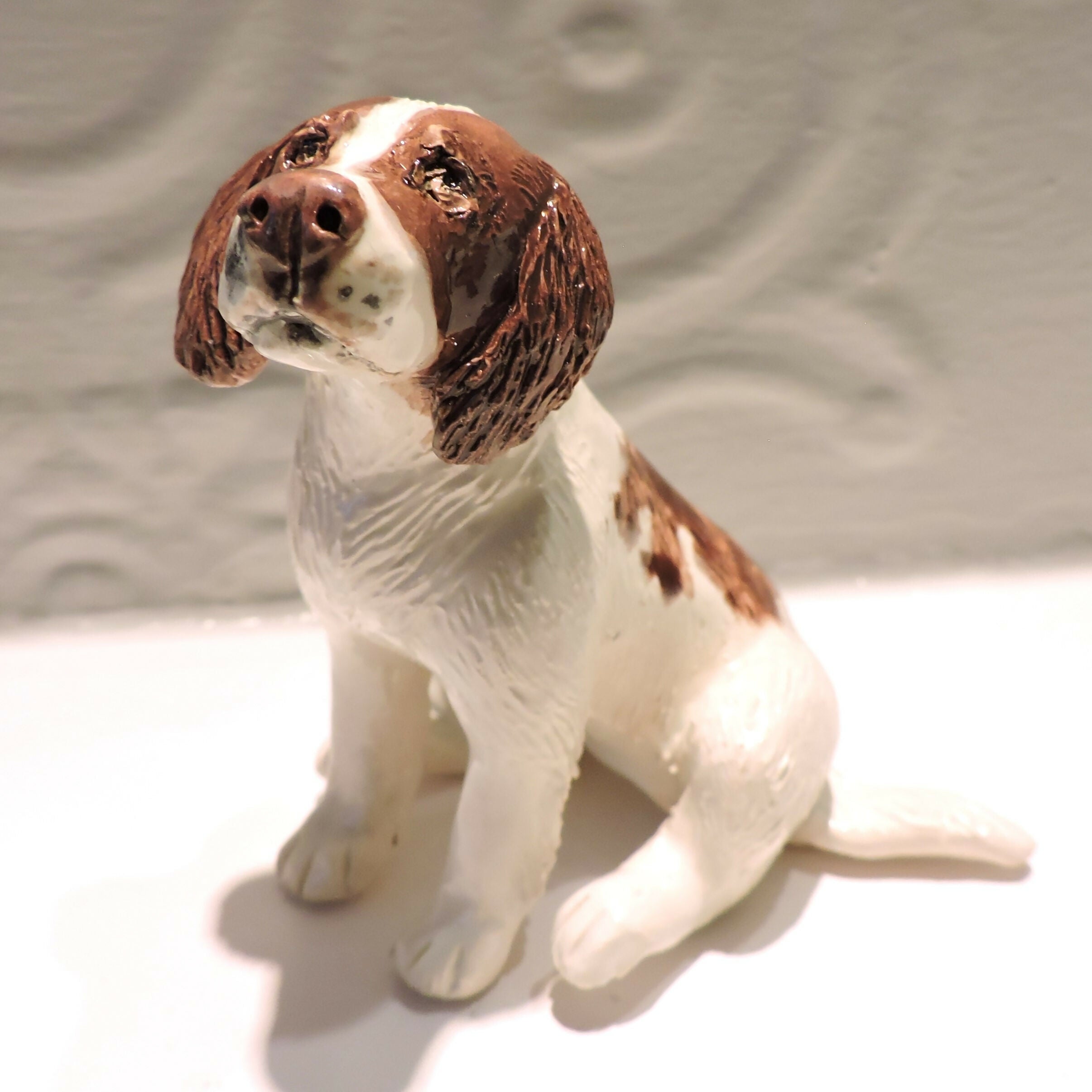 Ceramic Springer Spaniel dog sculpture, Liver and white