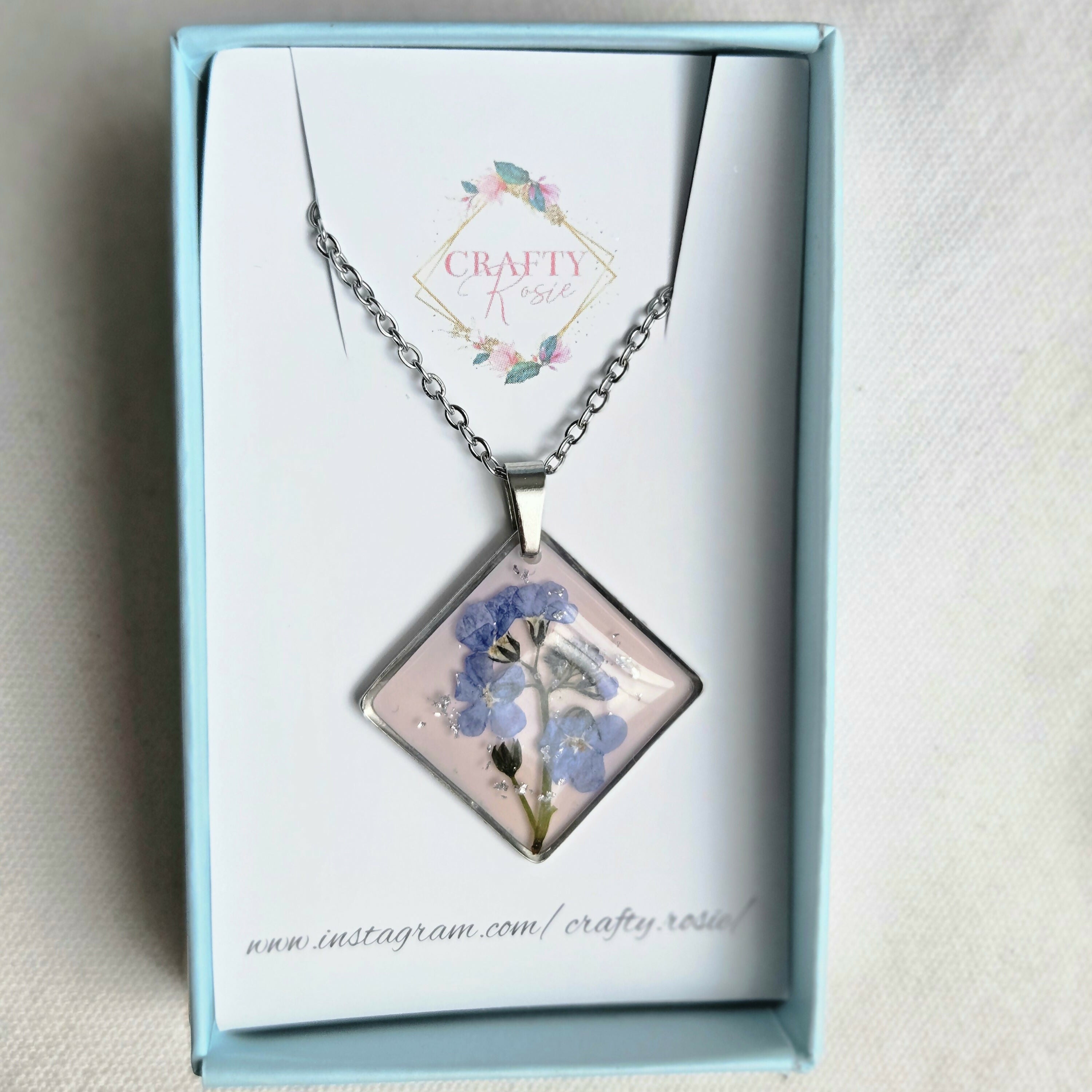 Stainless Steel Real Dried Forget Me Not Flowers Necklace