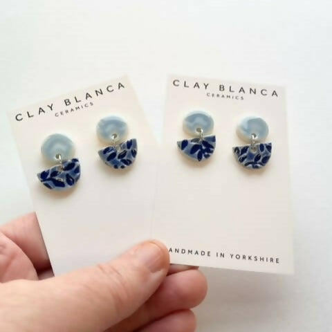 Blue Leaf Pattern Stud Earrings