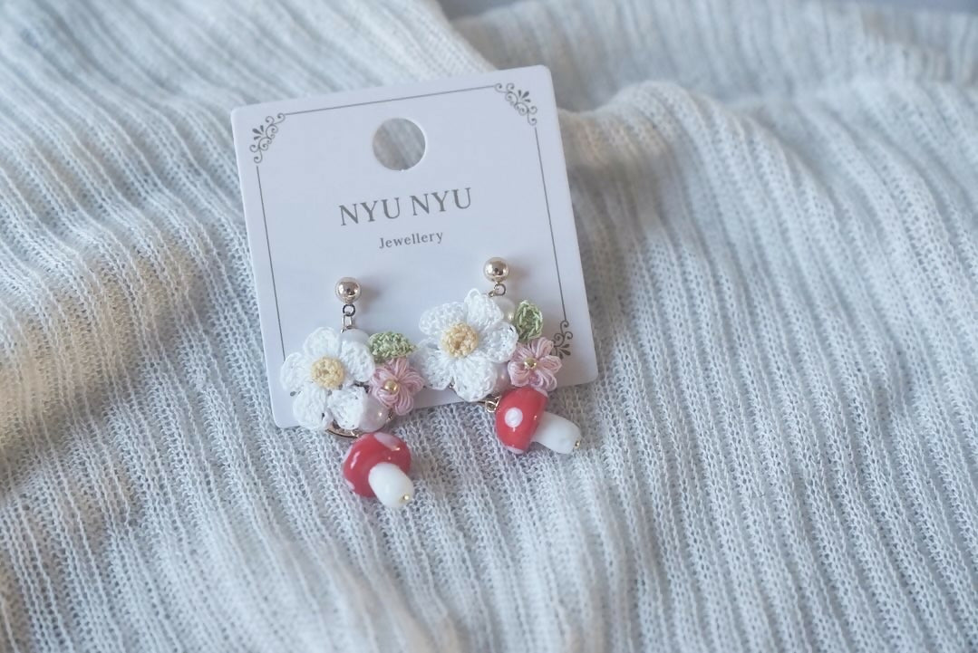 Handmade Micro Crochet Flower with Mushroom Drop Earrings