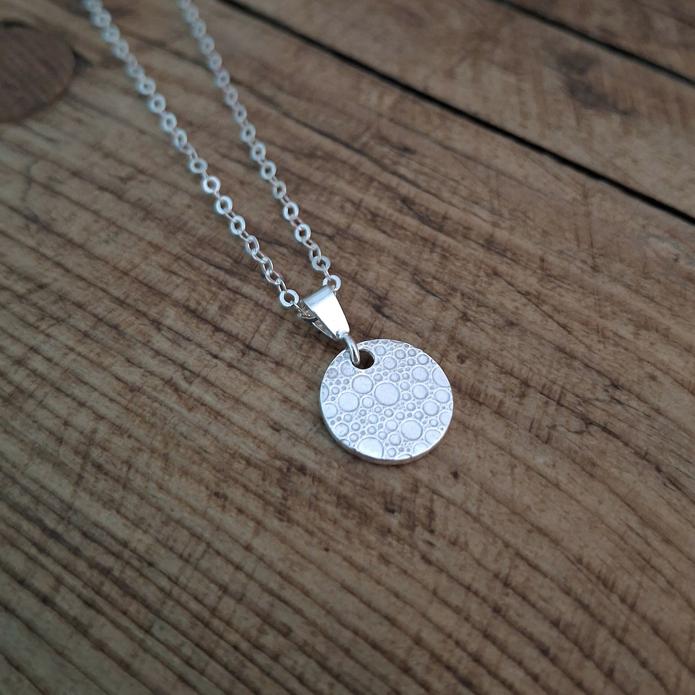 Handmade Round Silver Charm Necklace Bubble Texture