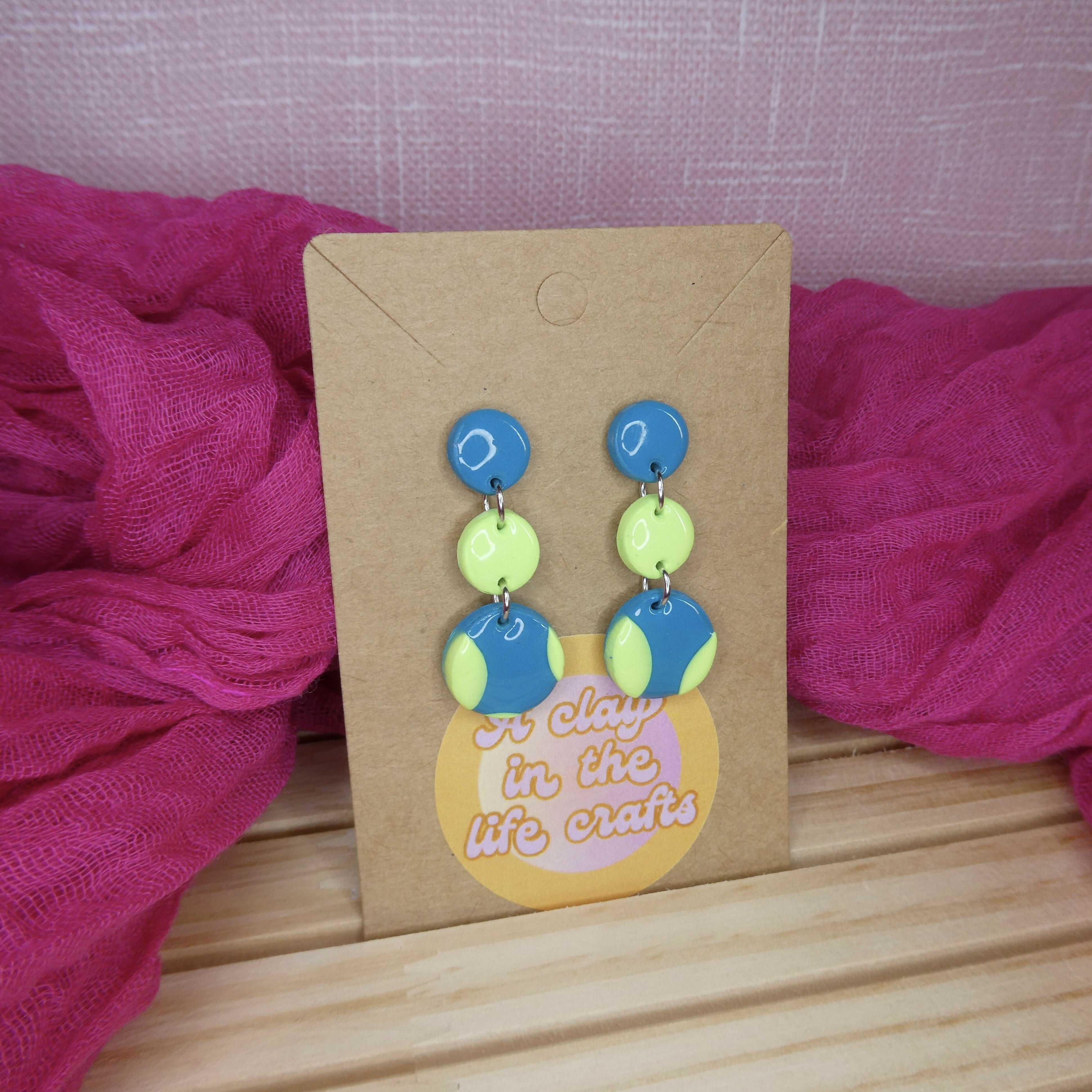 Turquoise And Lime Green Polka Dot Circle Dangle Polymer Clay Earrings