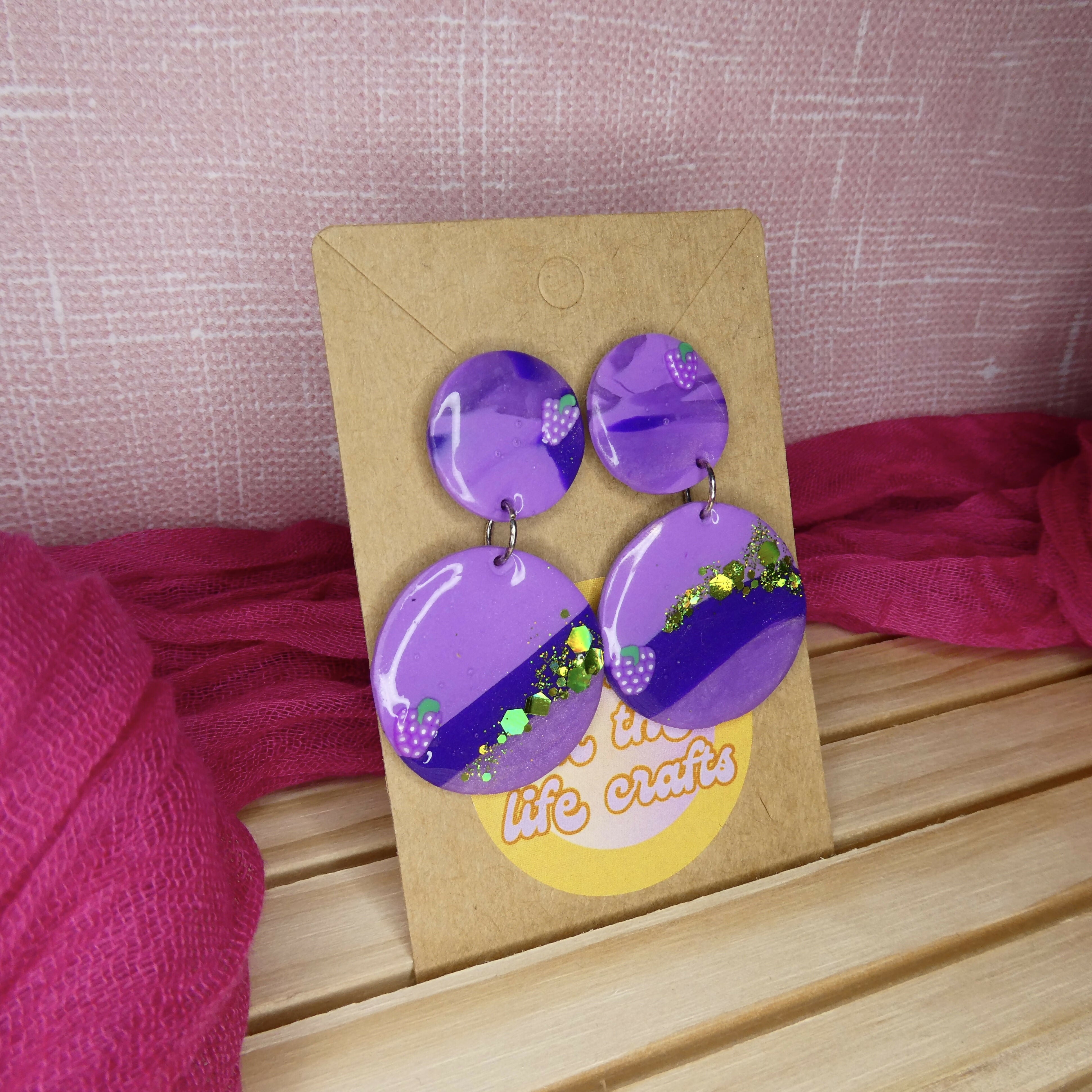 Purple And Green Glitter Polymer Clay Earrings With Grape Detail