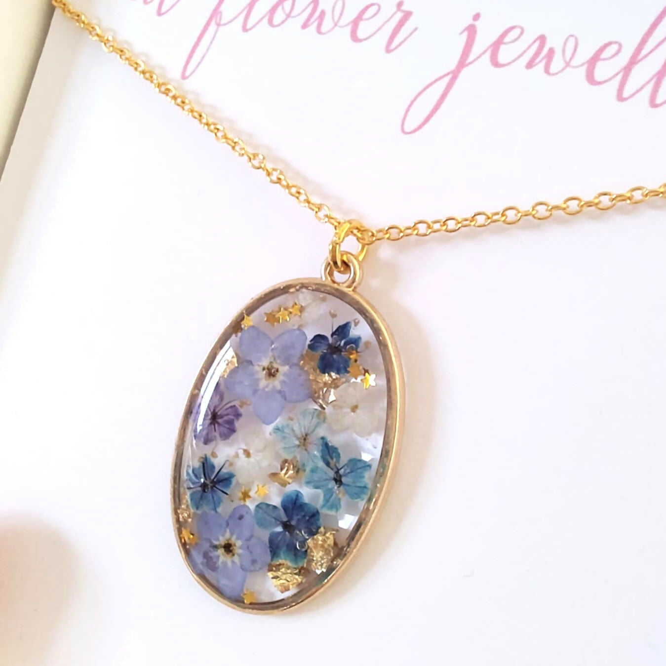 Real Blue Flower Oval Necklace Gold Plated