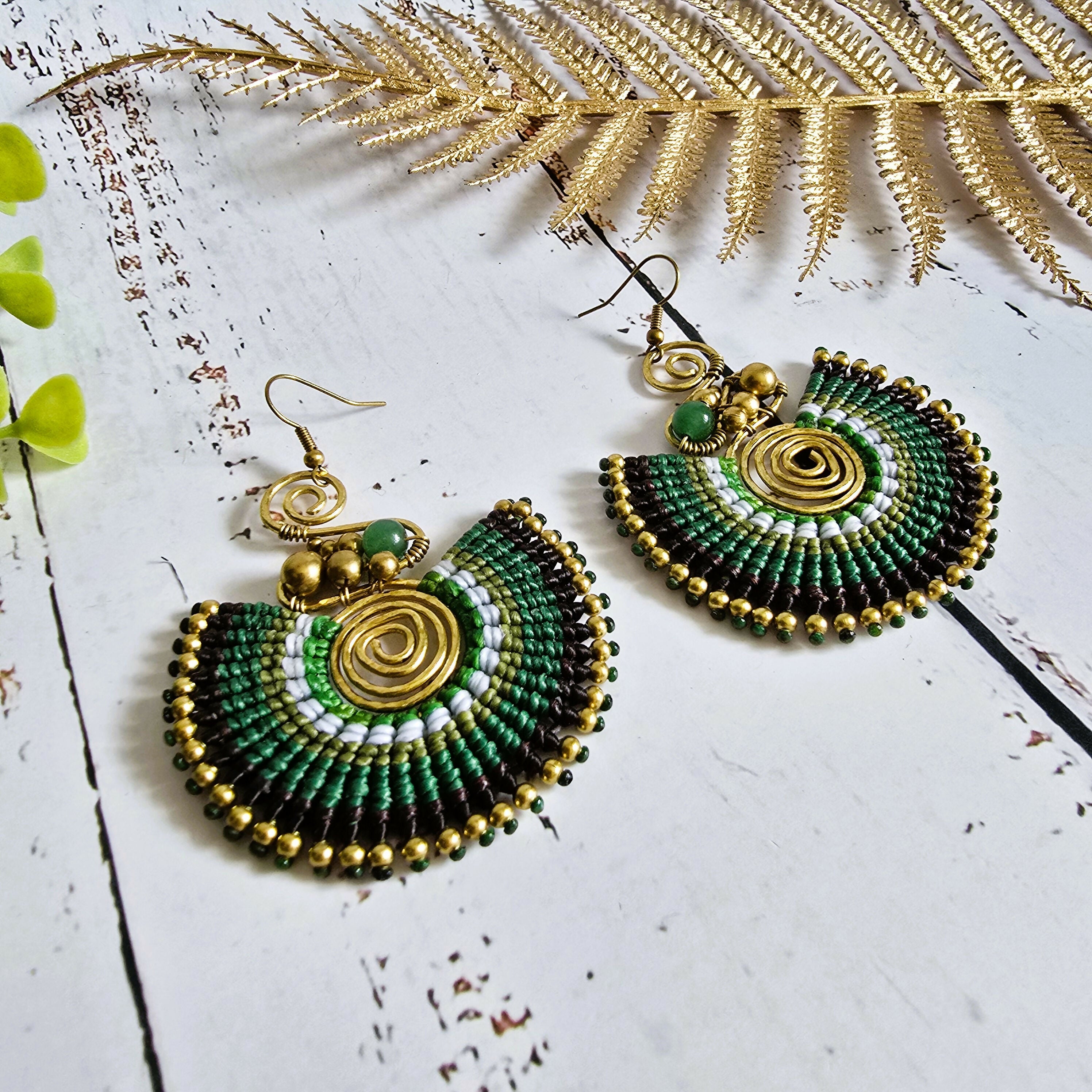 Green Jade Crystal Earrings; Full Moon Macramé Earrings With Gold Spiral & Bohemian Wirework