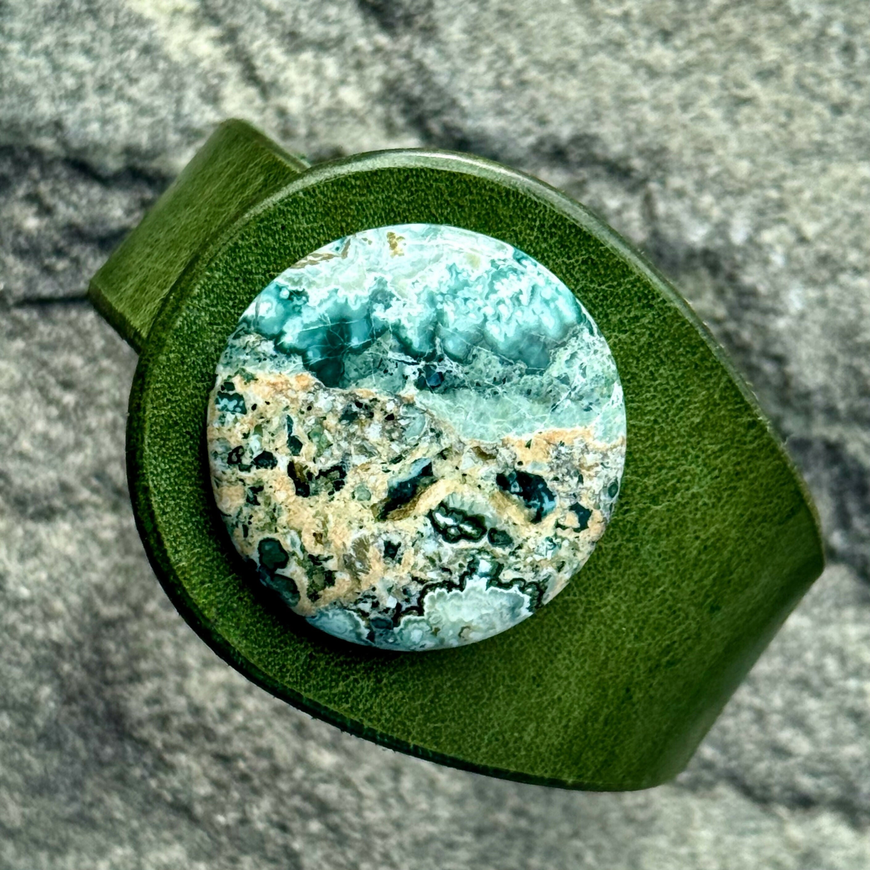 Handcrafted Natural Leather & Rare Blue Tide Seam Onyx Gemstone Bracelet - Size S or M