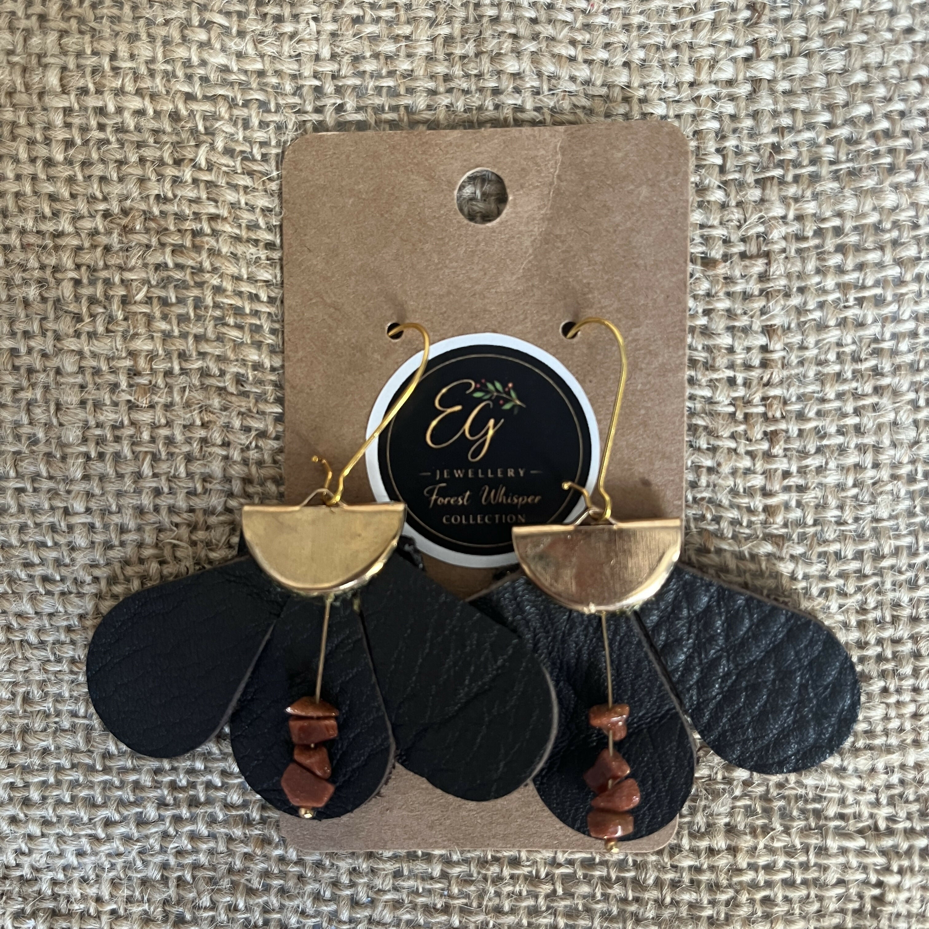 Forest Whisper – Dark Brown Thin Leather Flower Earrings with Brown Stone Chips