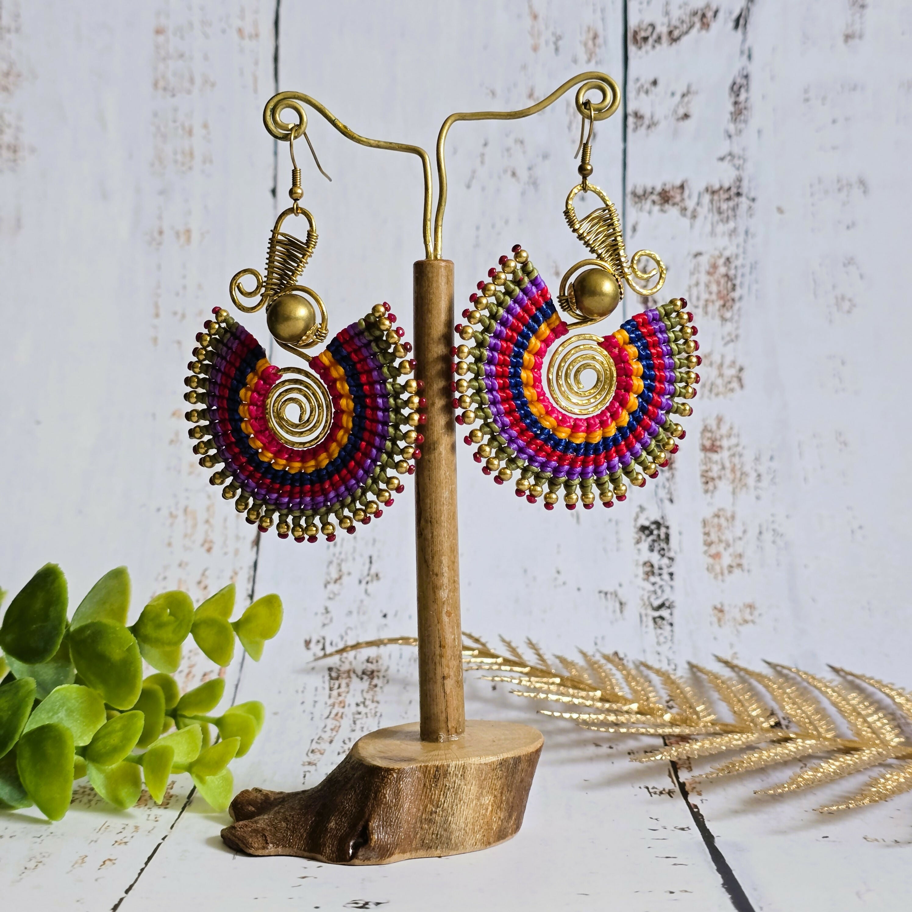 Rainbow Macrame Earrings: Gold Brass Spiral Boho Statement Earrings
