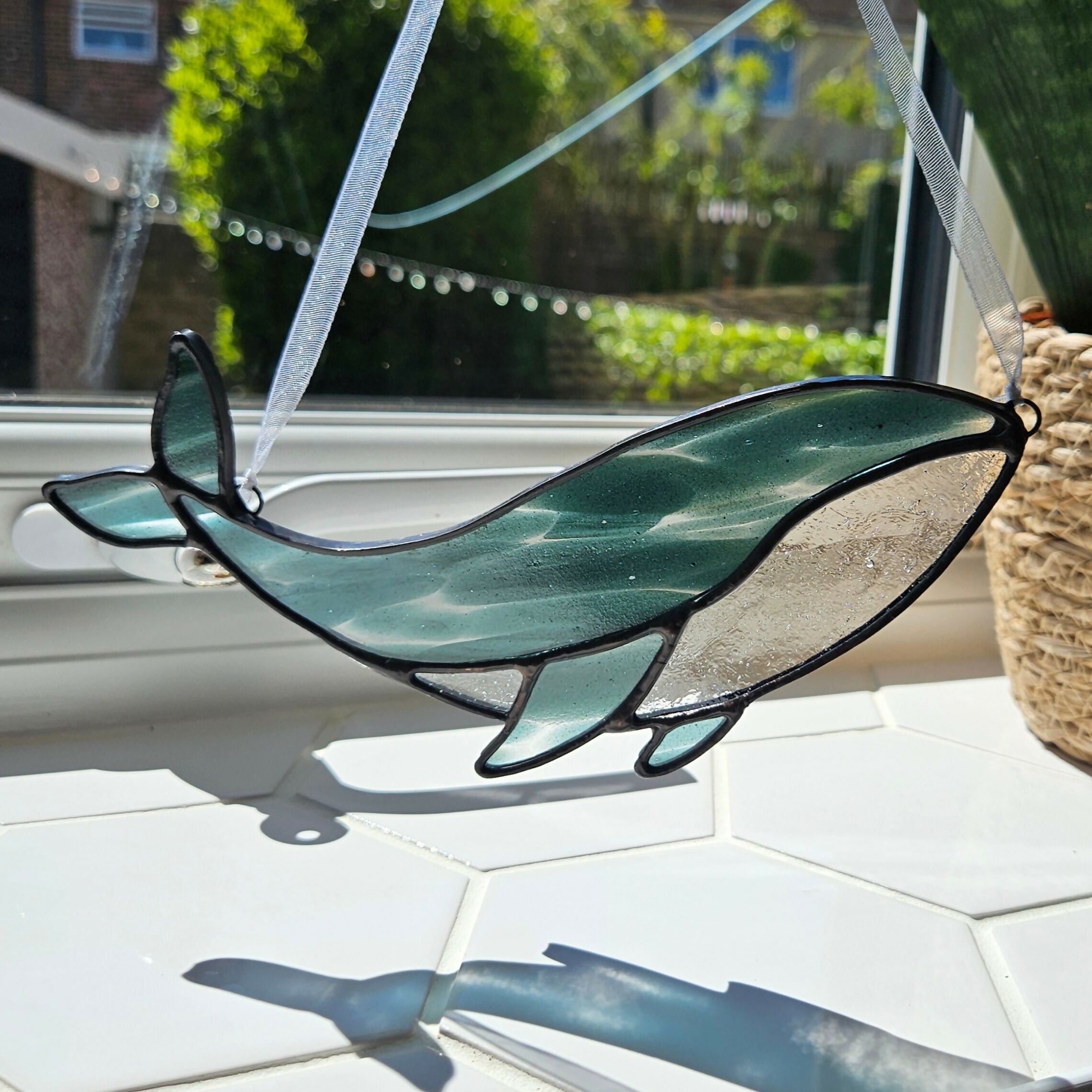 Streaky Blue-Green Whale Stained Glass Suncatcher