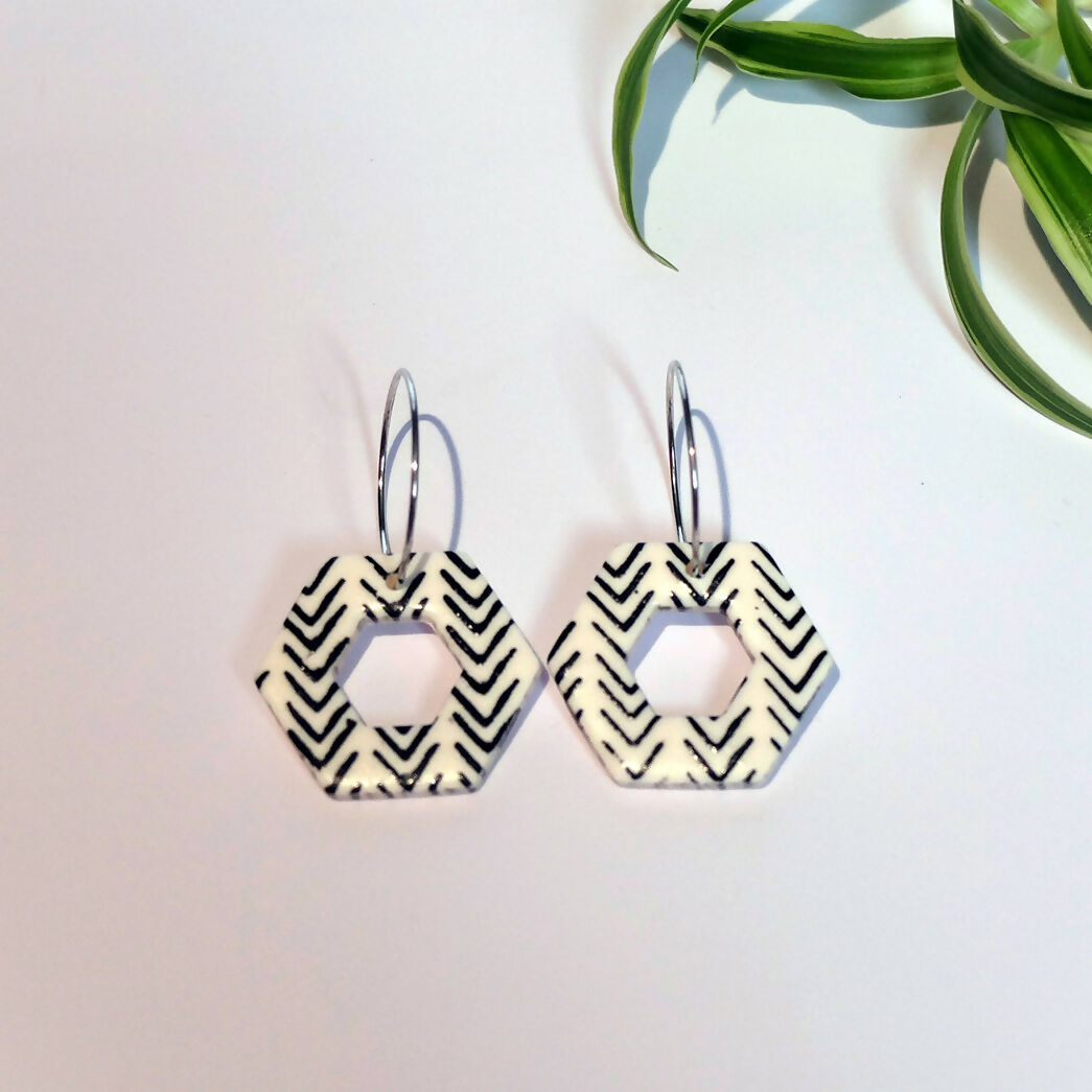 Geometric Black and White Hoop Earrings - Handmade Polymer Clay - Polly Plant