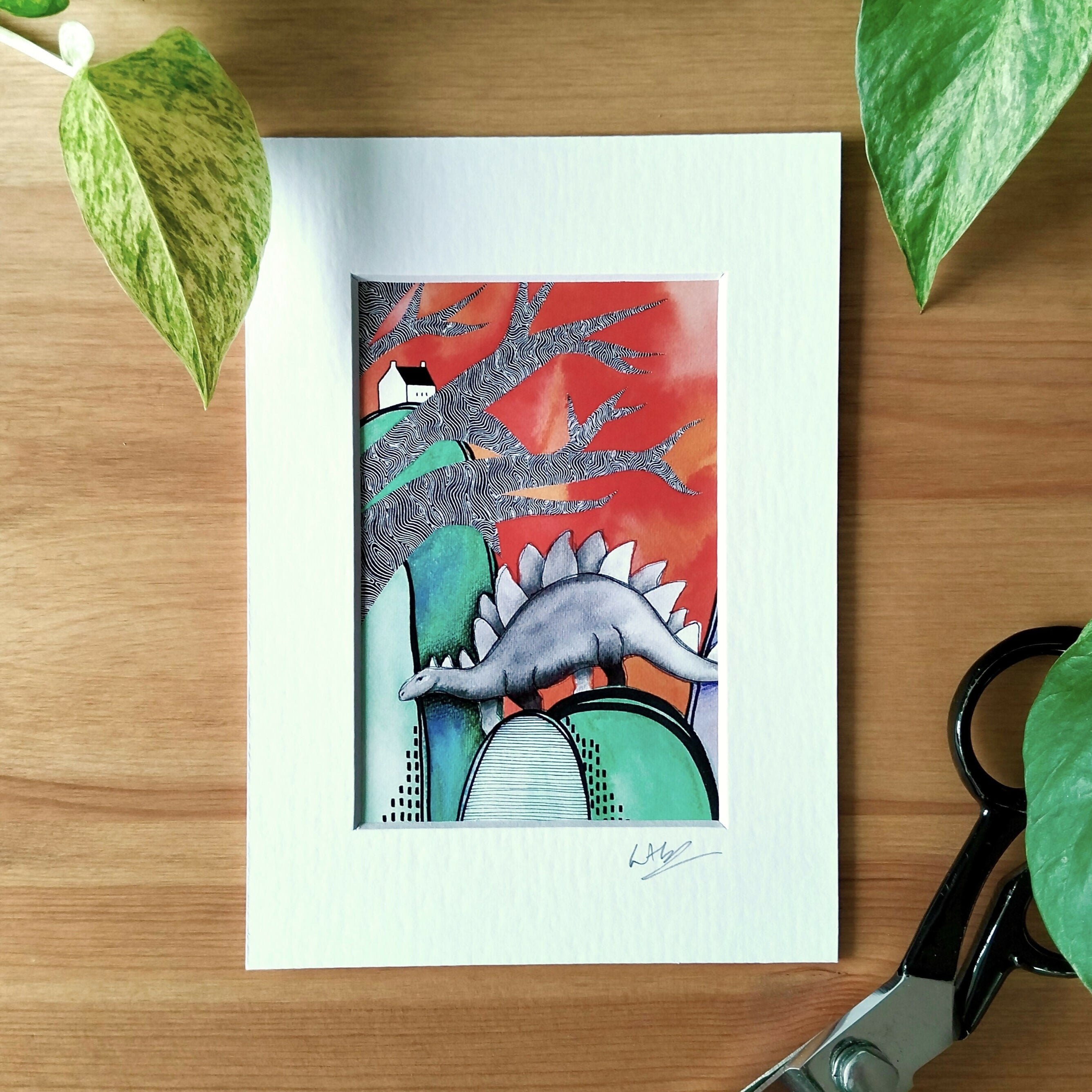 Signed Stegosaurus Watercolour Mini Art Print | Abstract Landscape