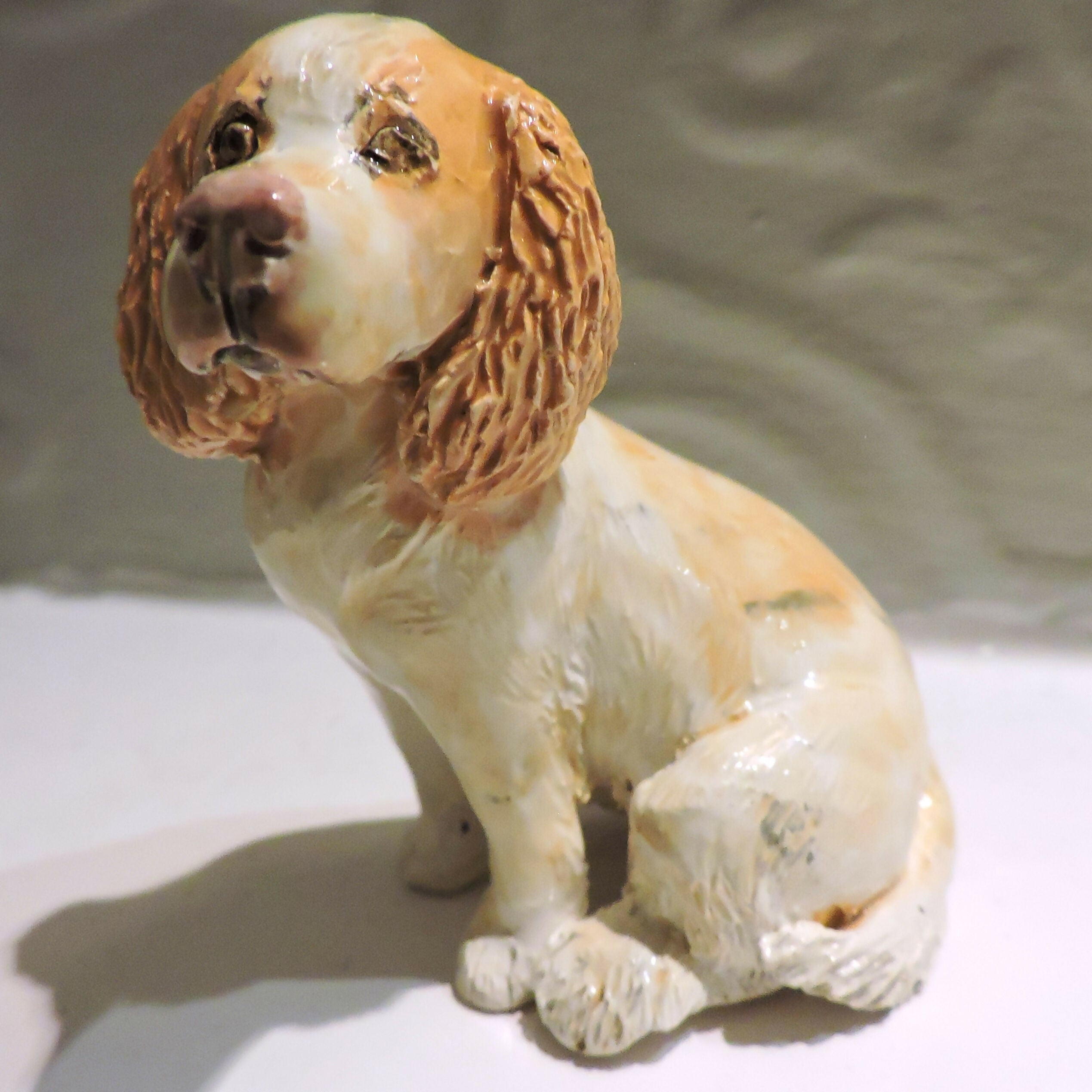 Ceramic Cocker Spaniel sculpture, Golden and white