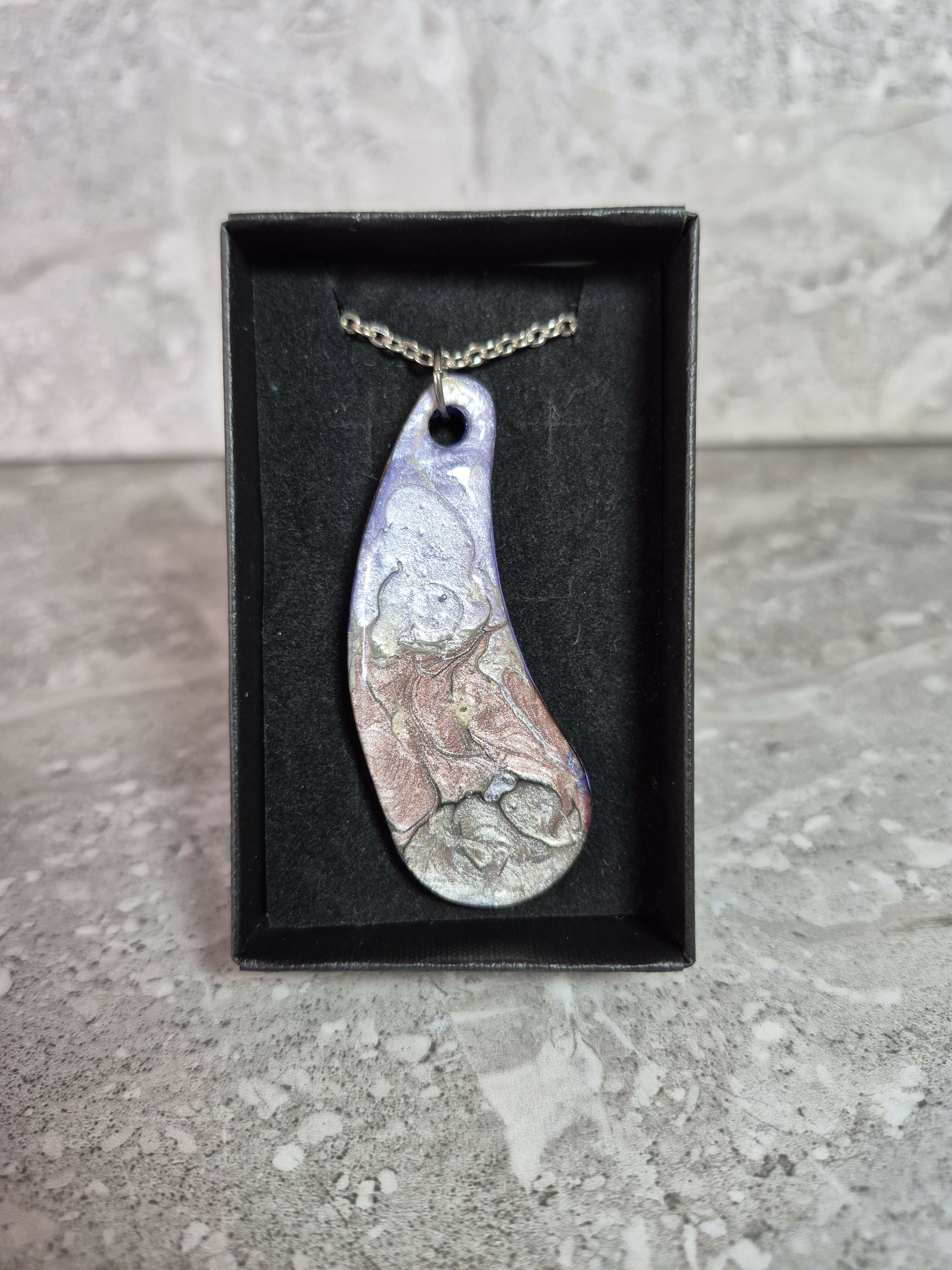 Unique Hand Crafted Tear Dropped With Swirling Purple, Pink, Grey With Slivers of Black