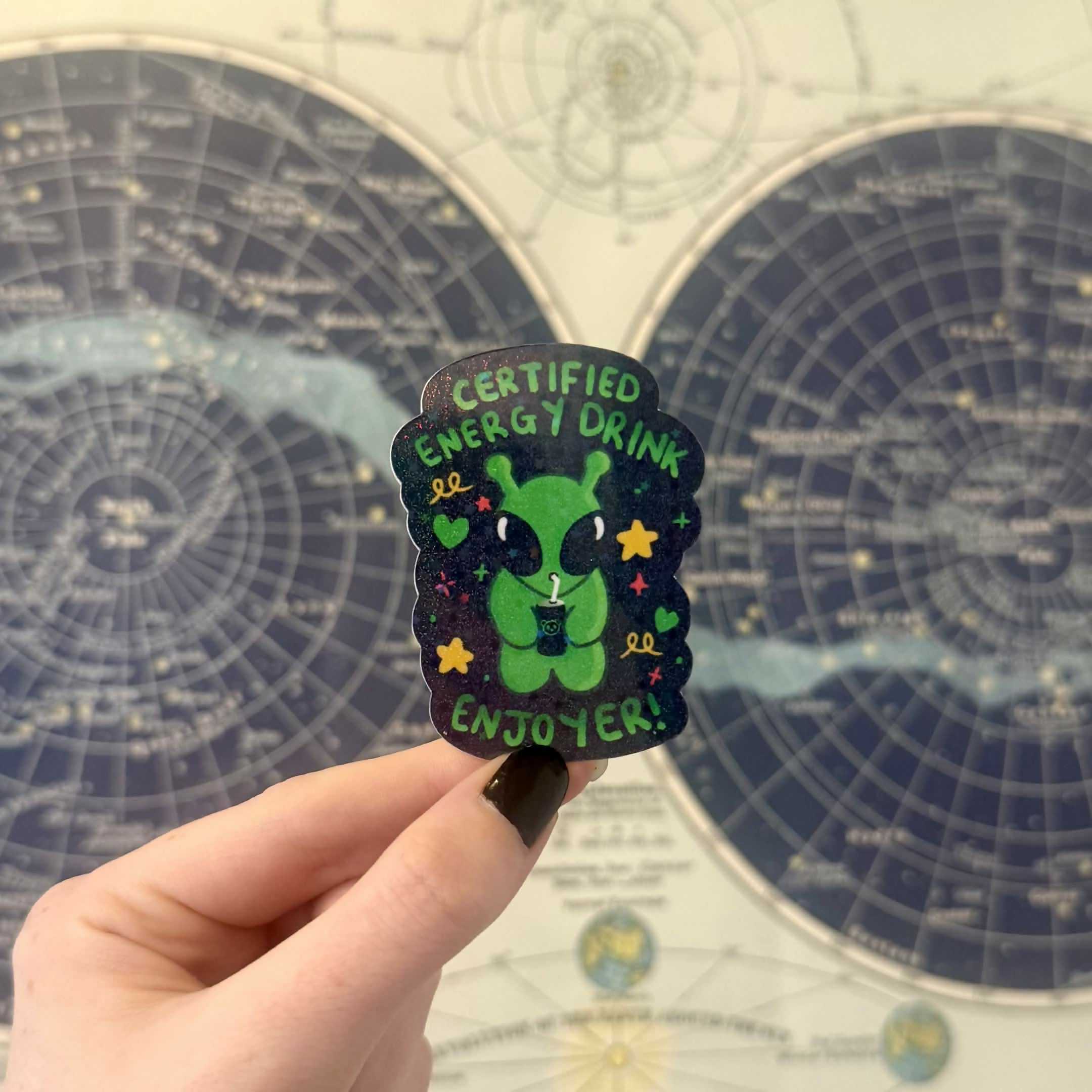 Certified Energy Drink Enjoyer Alien Holographic Sparkly Vinyl Sticker