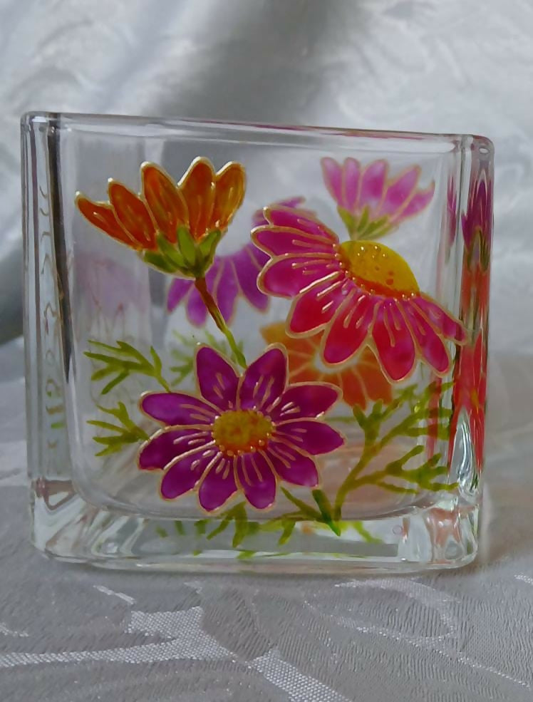 Hand Painted Glass Candle Holder.