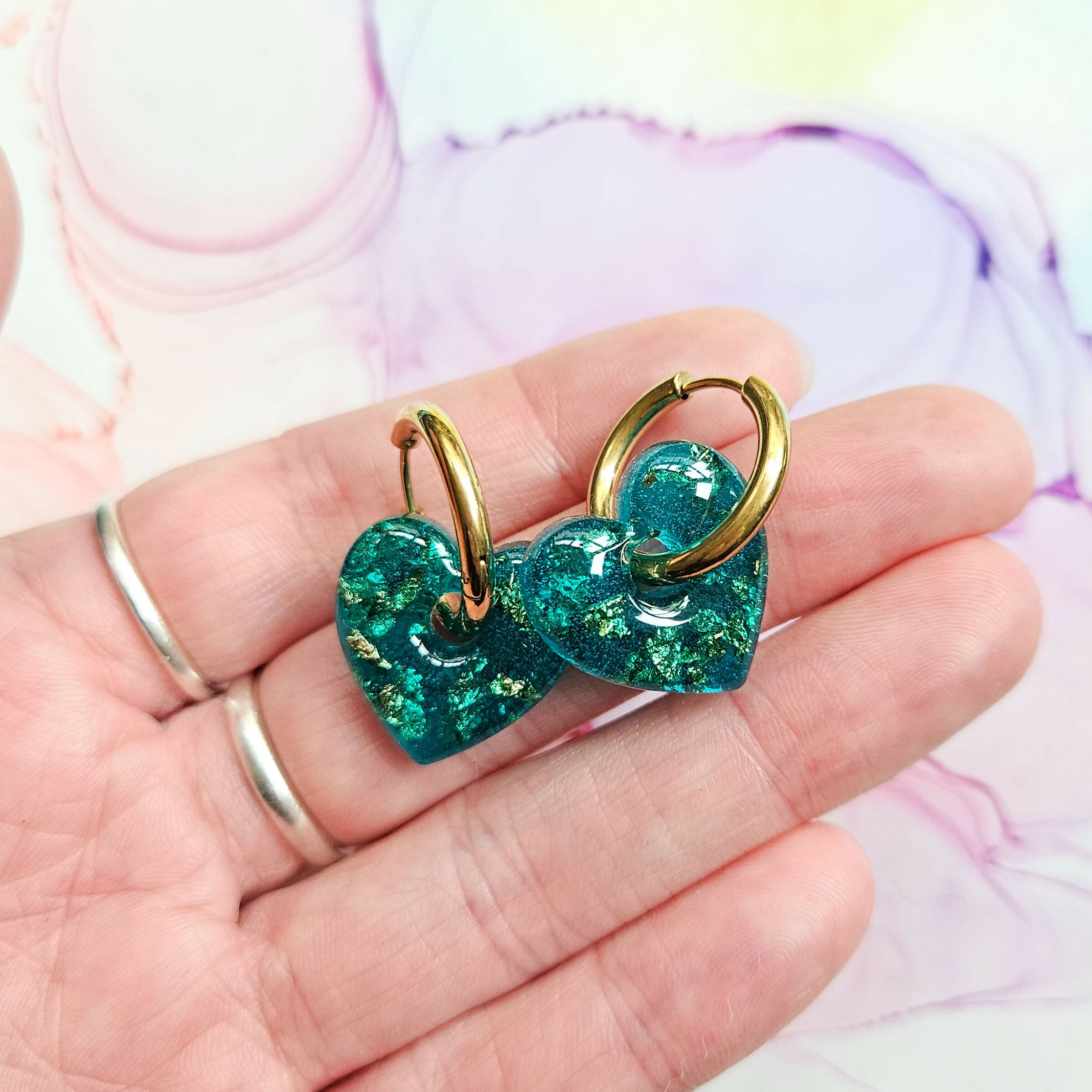 Handmade Translucent Teal And Gold Leaf Resin Heart Charms On Chunky Hoops