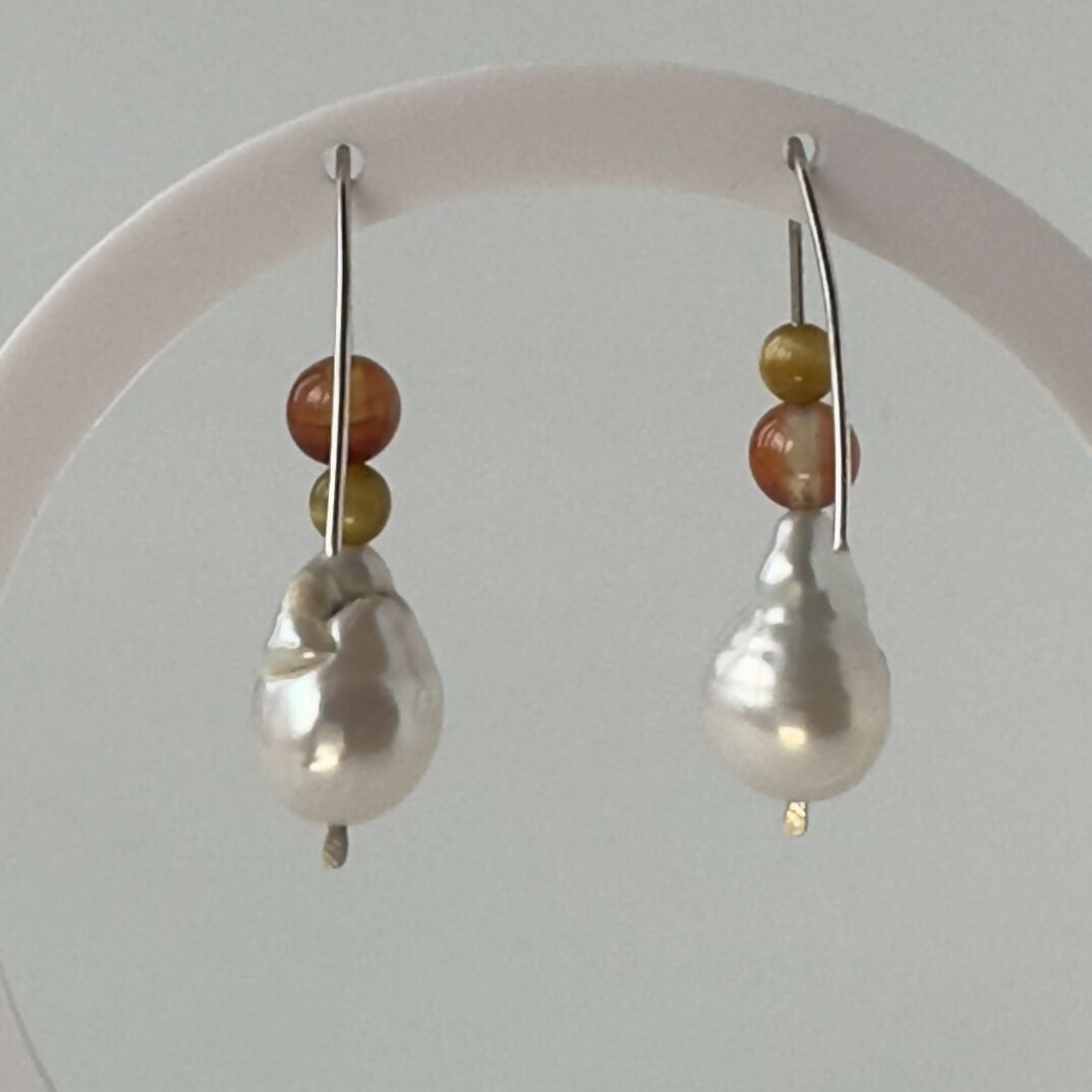 HEALING CRYSTAL & STERLING SILVER SOLAR PLEXUS CHAKRA EARRINGS WITH BAROQUE PEARLS