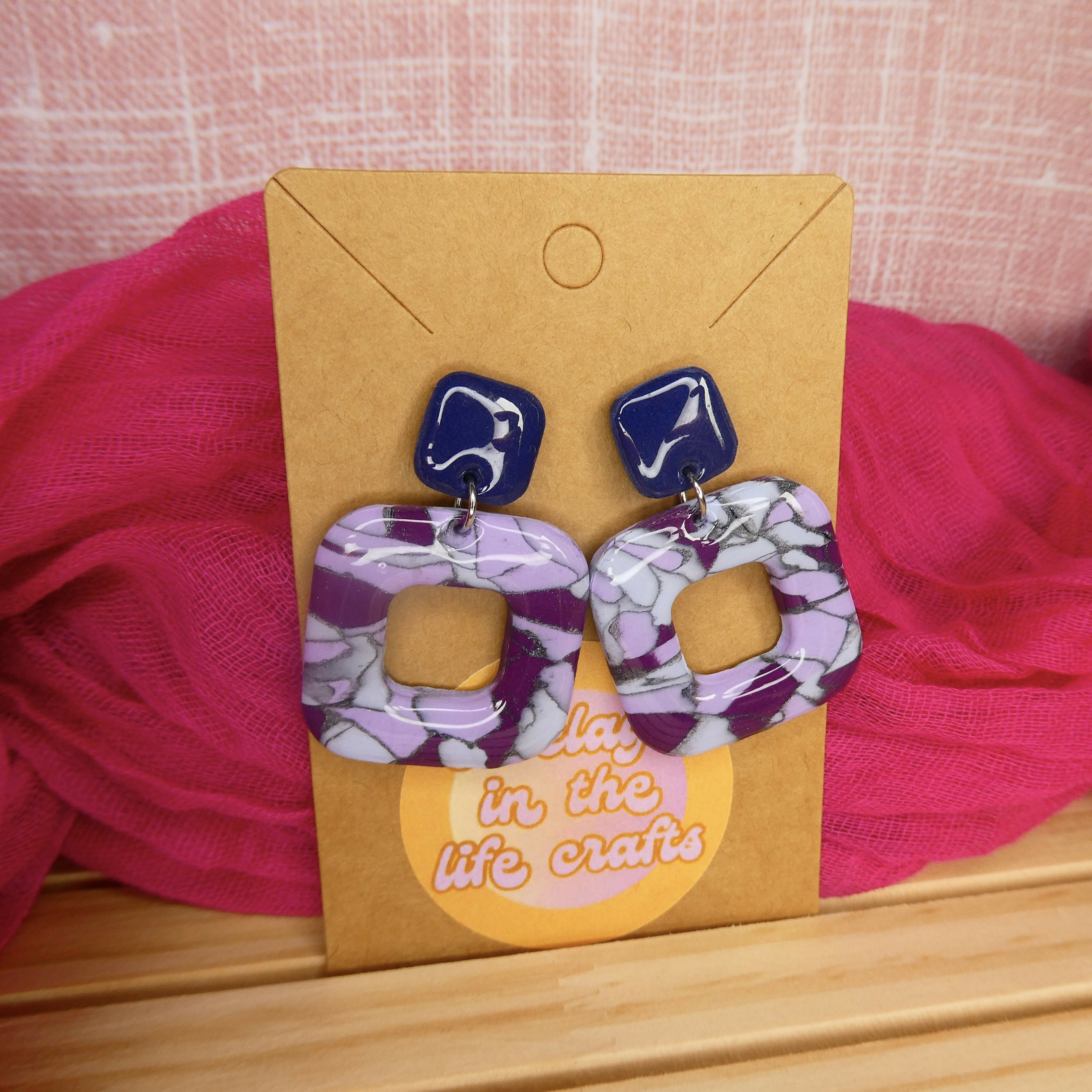 Blue And Purple Mosaic Square Polymer Clay Earrings