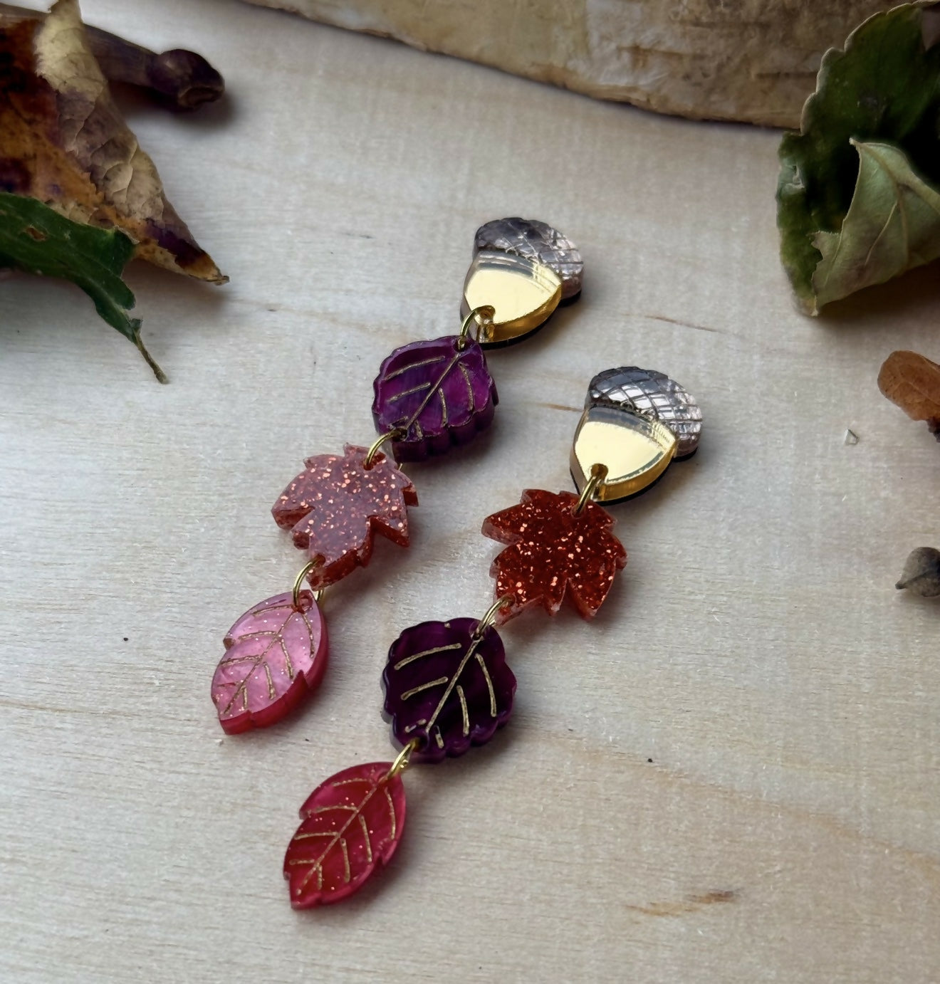 Dangly, engraved Autumn Leaves earrings