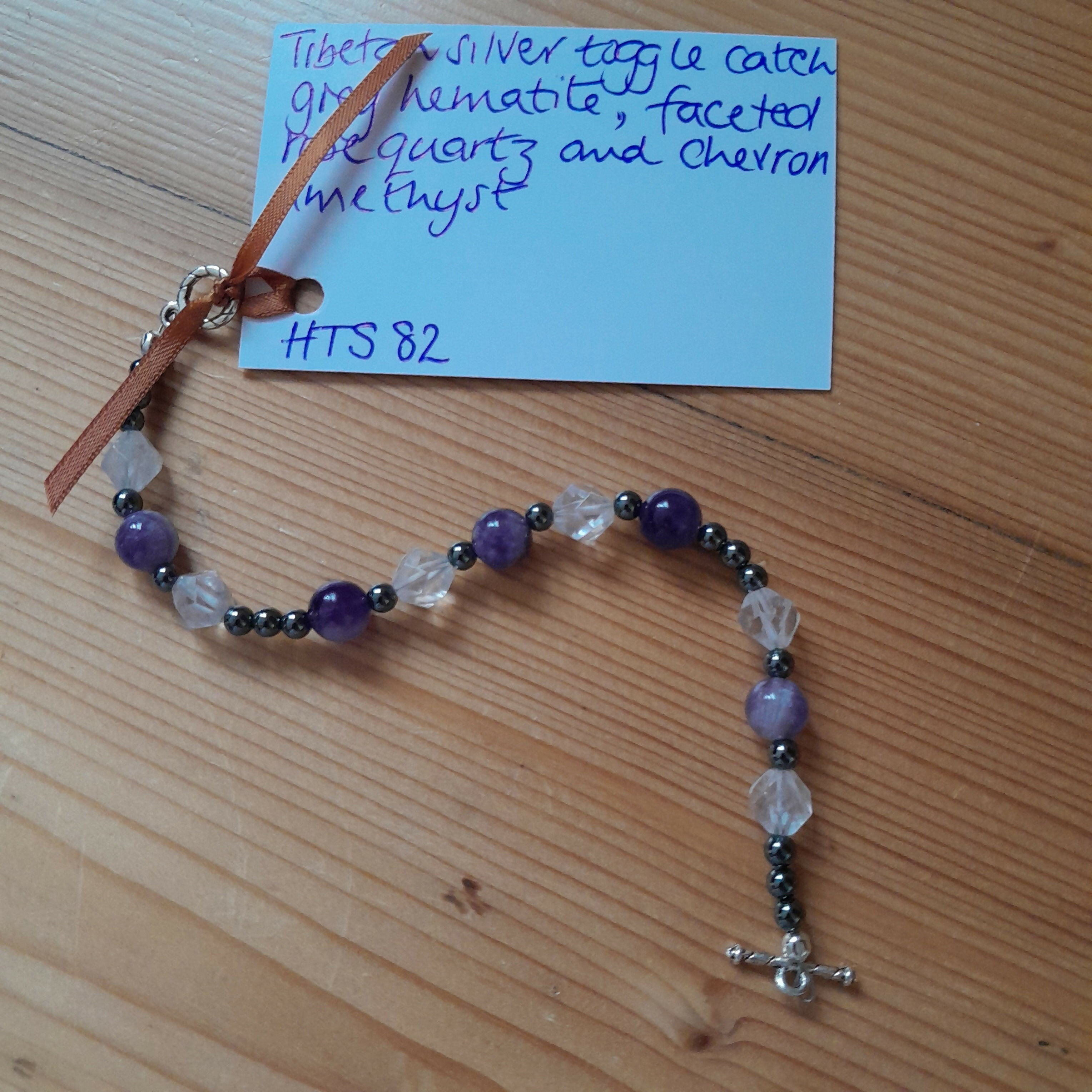 Tibetan Silver Toggle Catch Bracelet with Grey Hematite, Faceted Rose Quartz and Chevron Amethyst