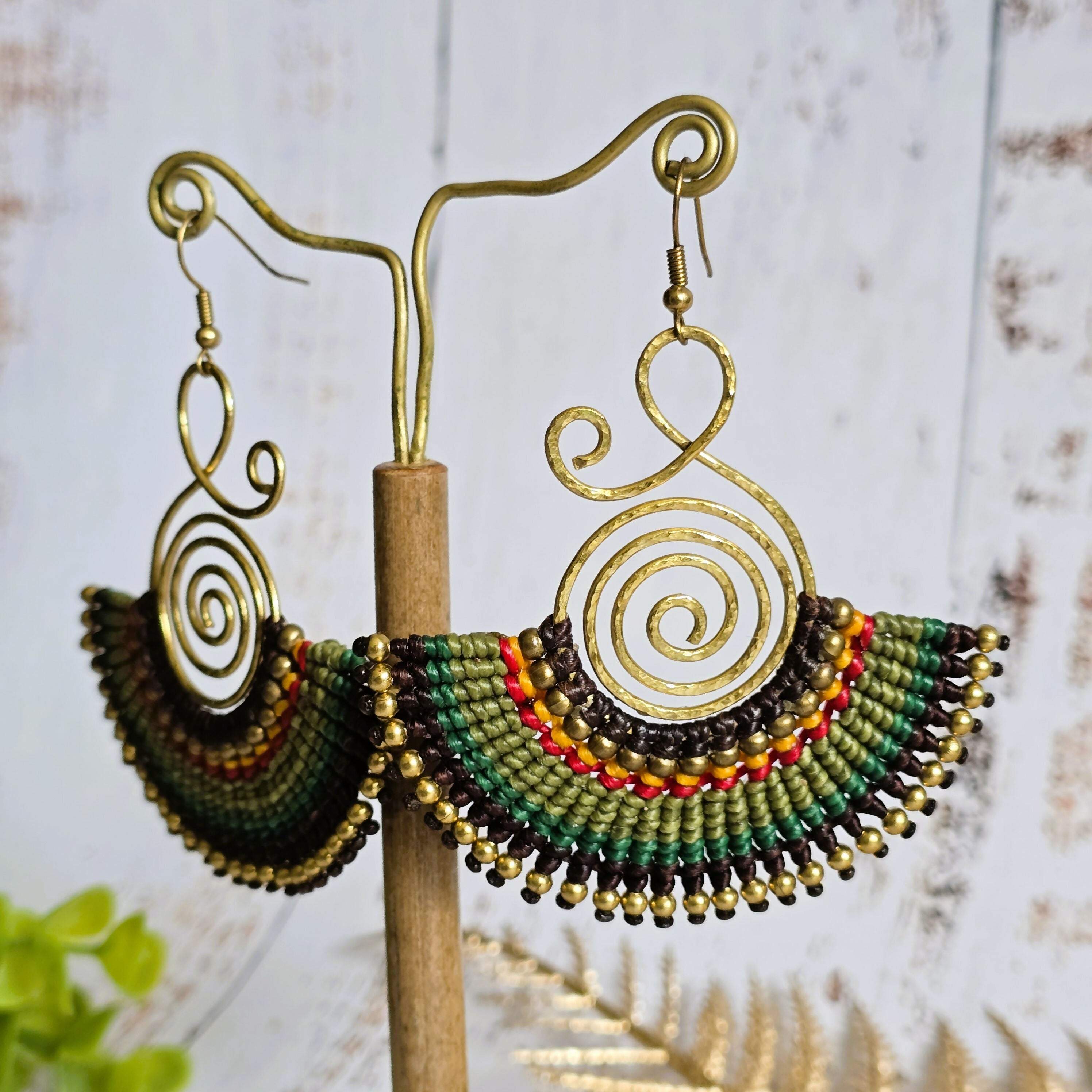 Emerald Green Fan Earrings; Bold Bohemian Macramé & Gold Wire-Art Statement Earrings