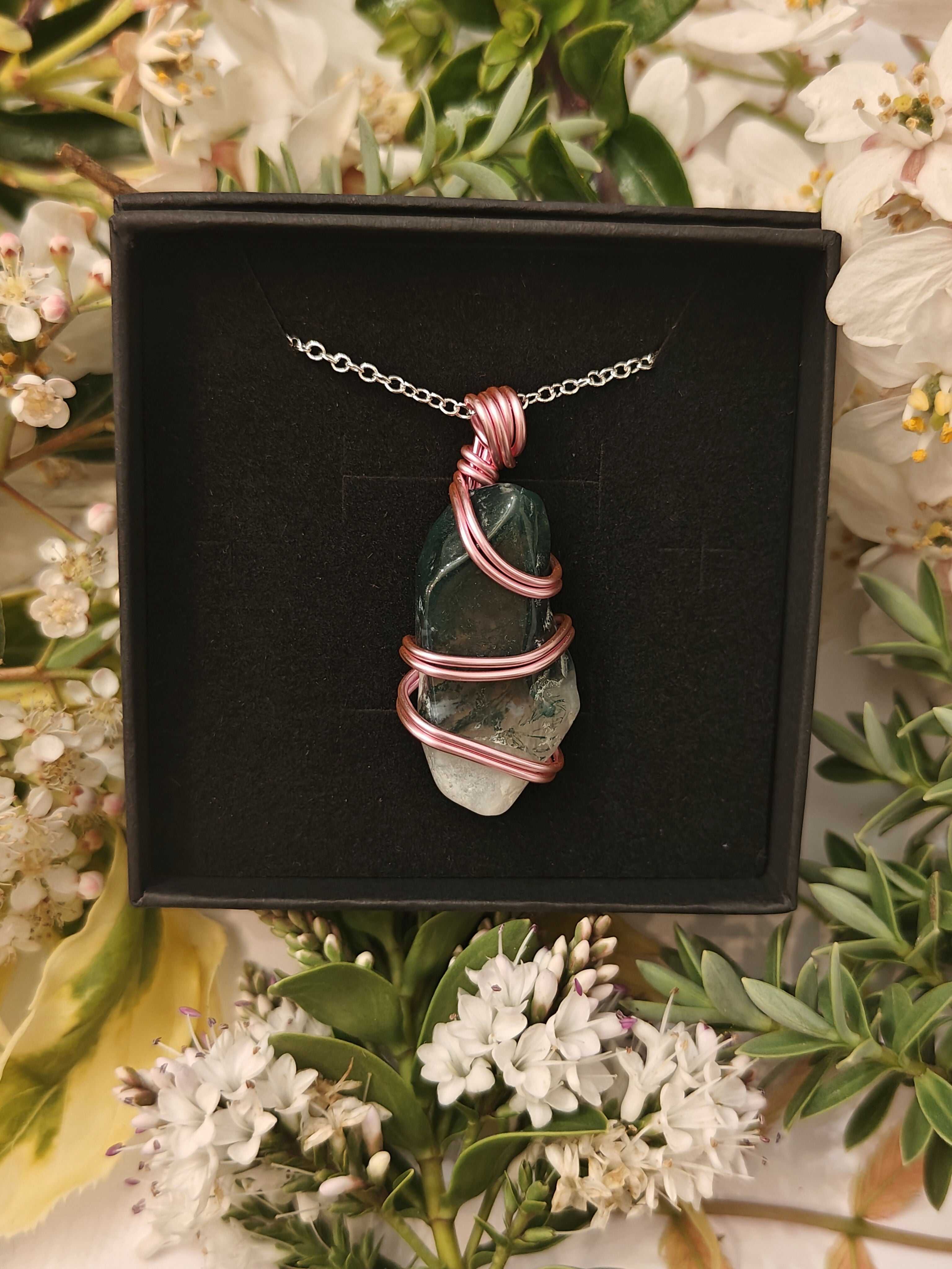 Moss Agate Wire Wrapped Crystal Necklace on Sterling Silver Chain