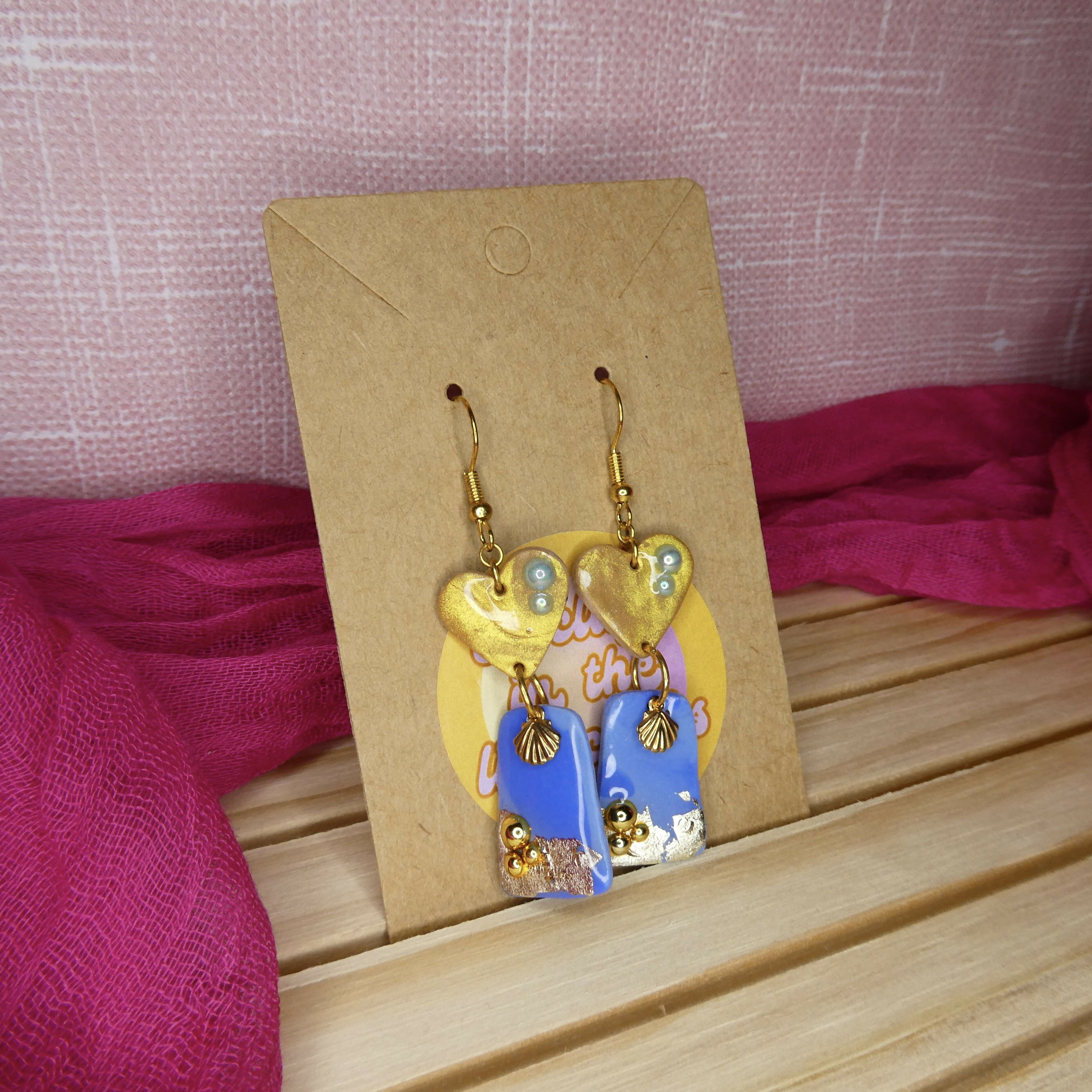 Beachy Heart Dangle Polymer Clay Earrings With Gold Shell Detail And Pearls