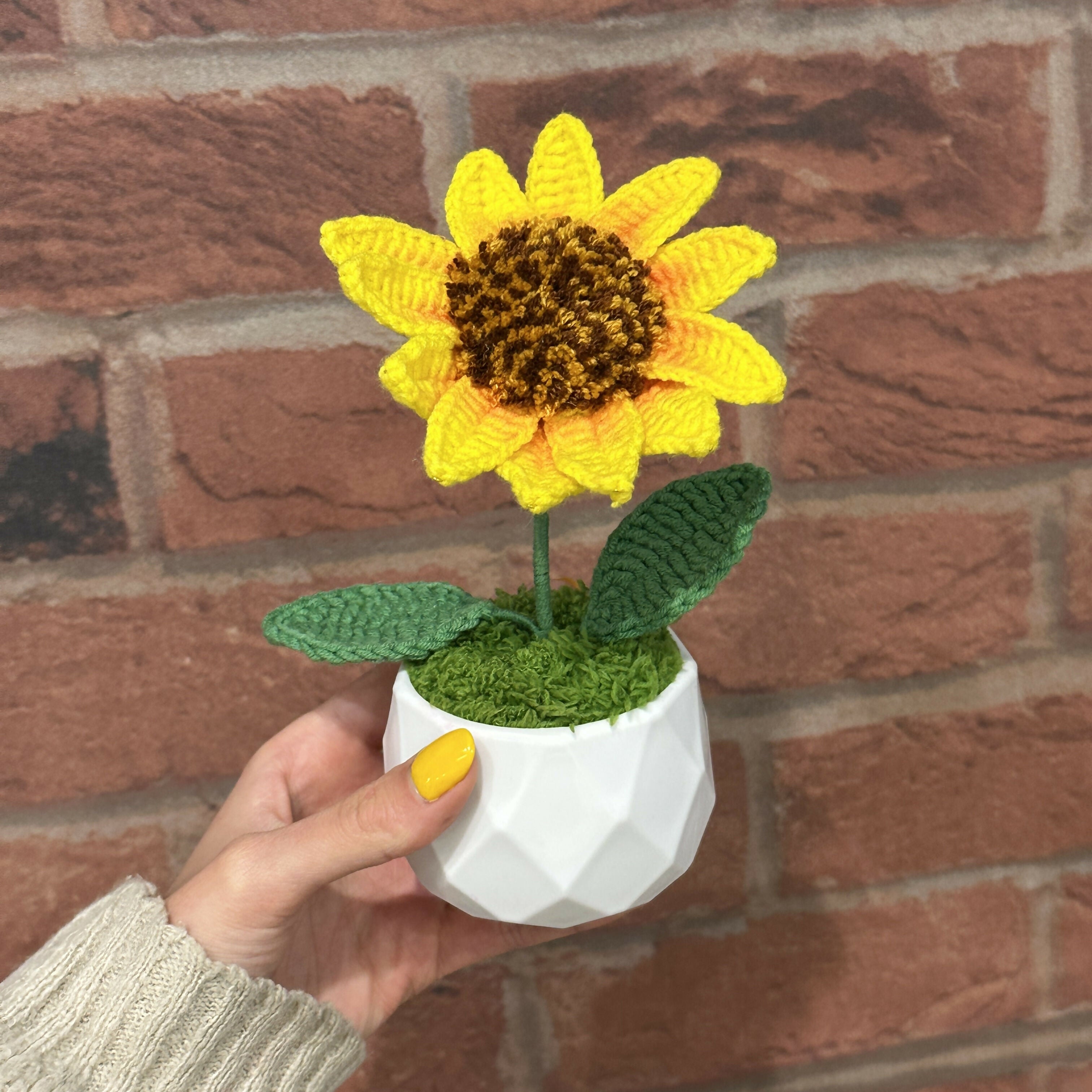 Speckled Crochet Sunflower in White Pot