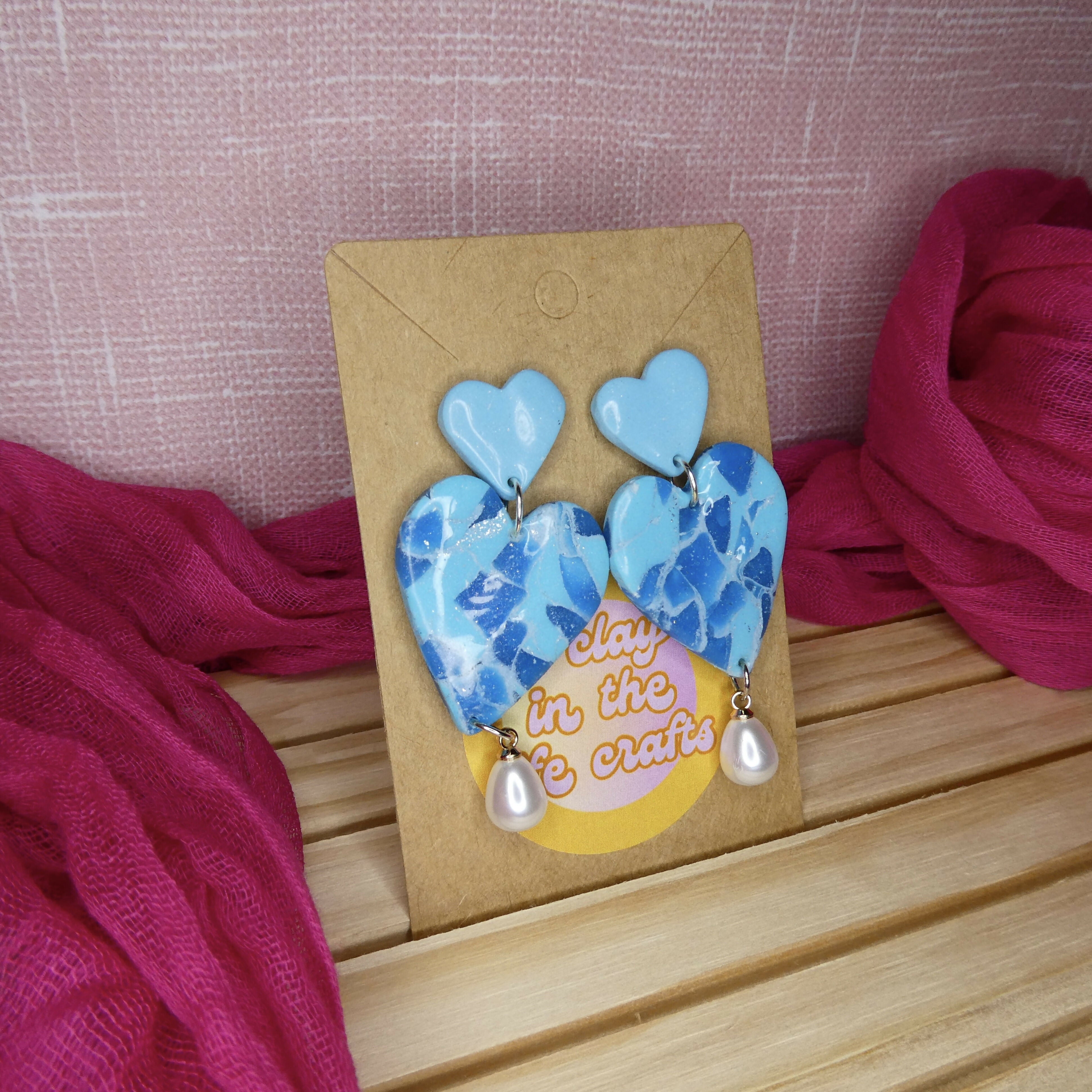Blue Mosaic Heart Polymer Clay Earrings With Pearl
