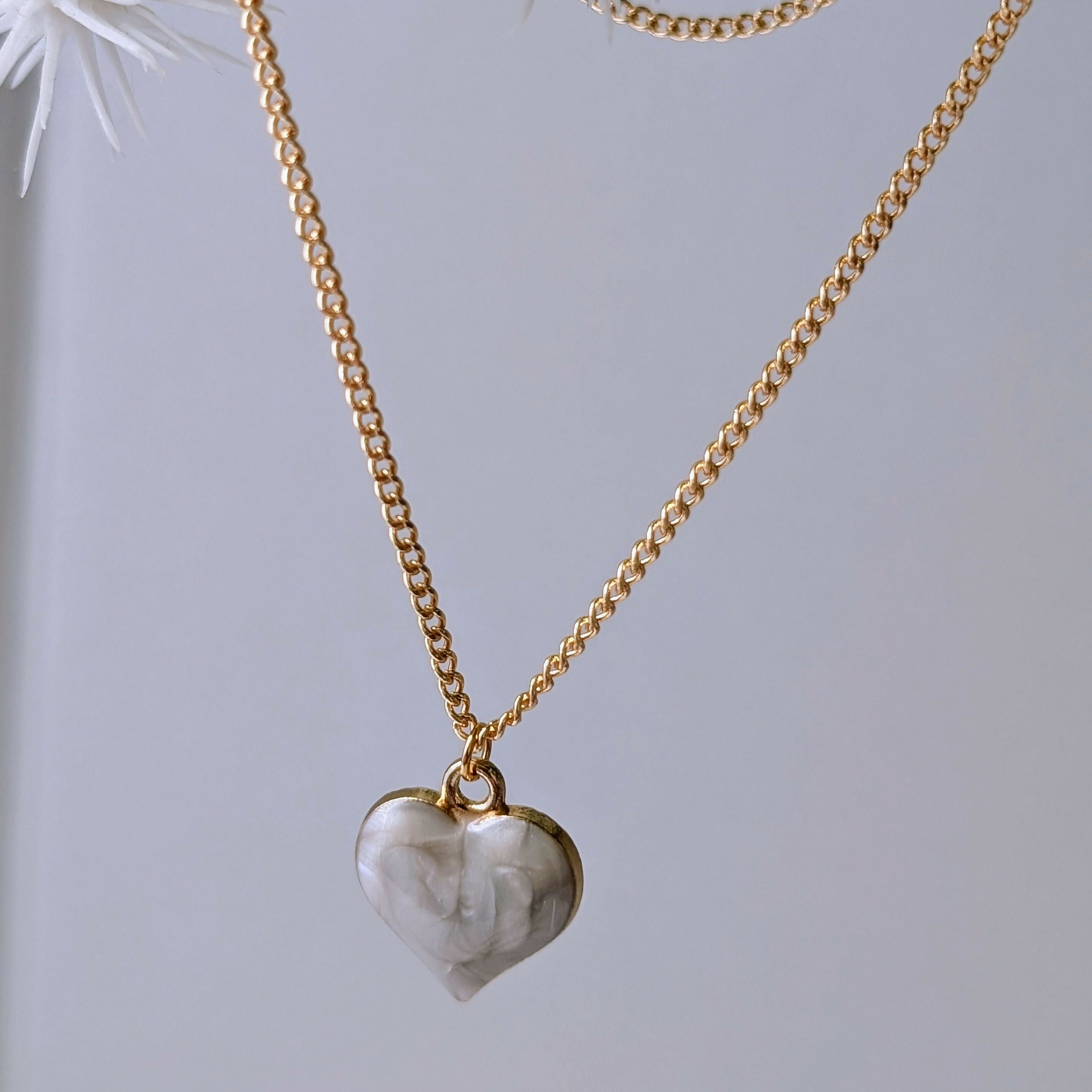 Cream Marbled Enamel Gold Heart Charm Necklace on a Gold Plated Chain
