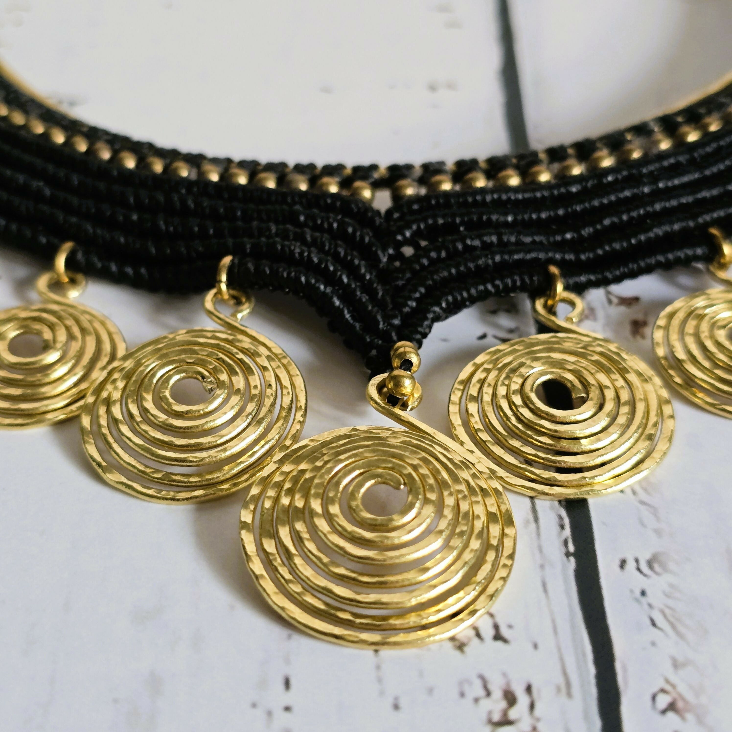 Black Macrame & Gold Brass Wire Spiral Choker; Egyptian Queen Tribal Statement Thai Jewellery
