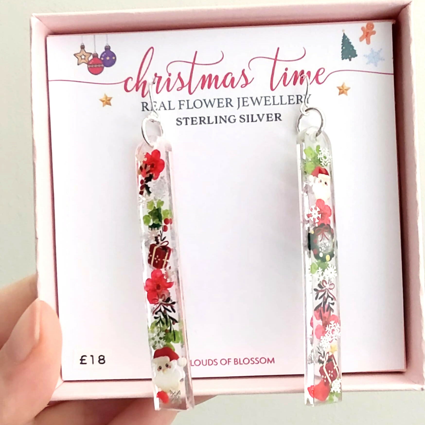 Christmas Real Flower Dangle Earrings Sterling Silver