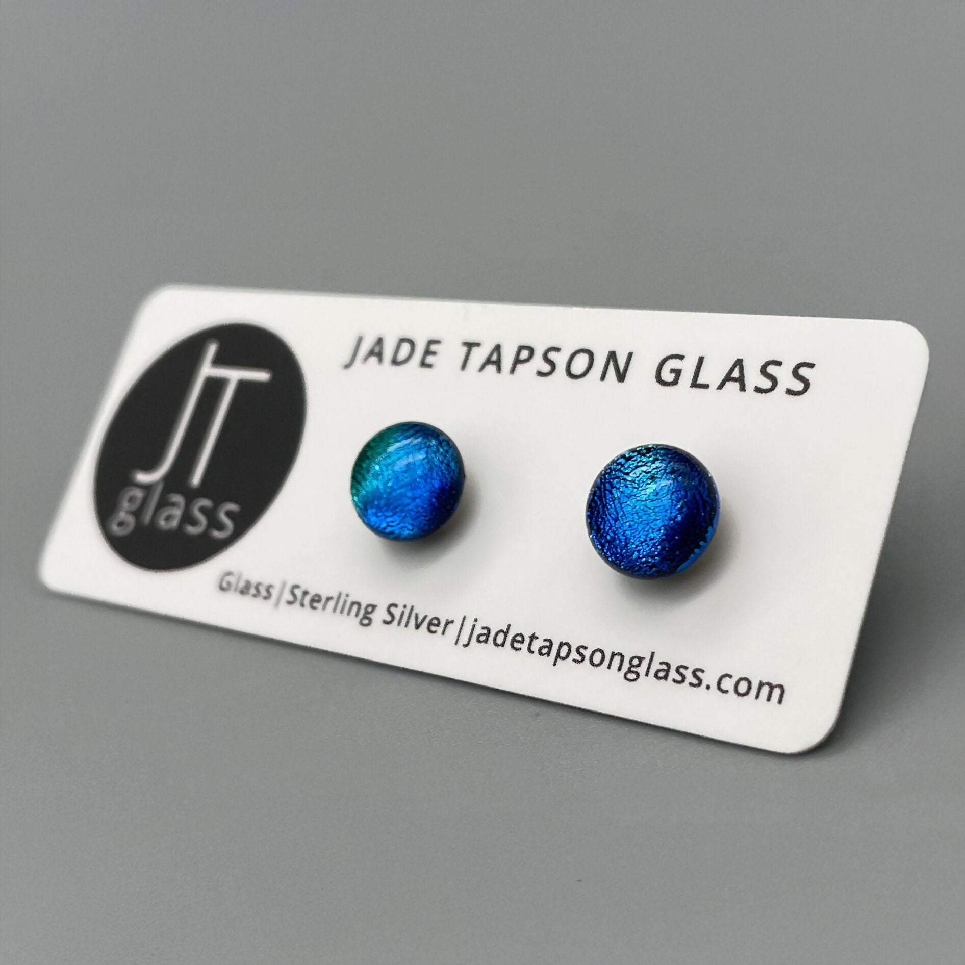 Light Blue Dichroic Fused Glass Sterling Silver Stud Earrings - Handmade by Jade Tapson Glass.