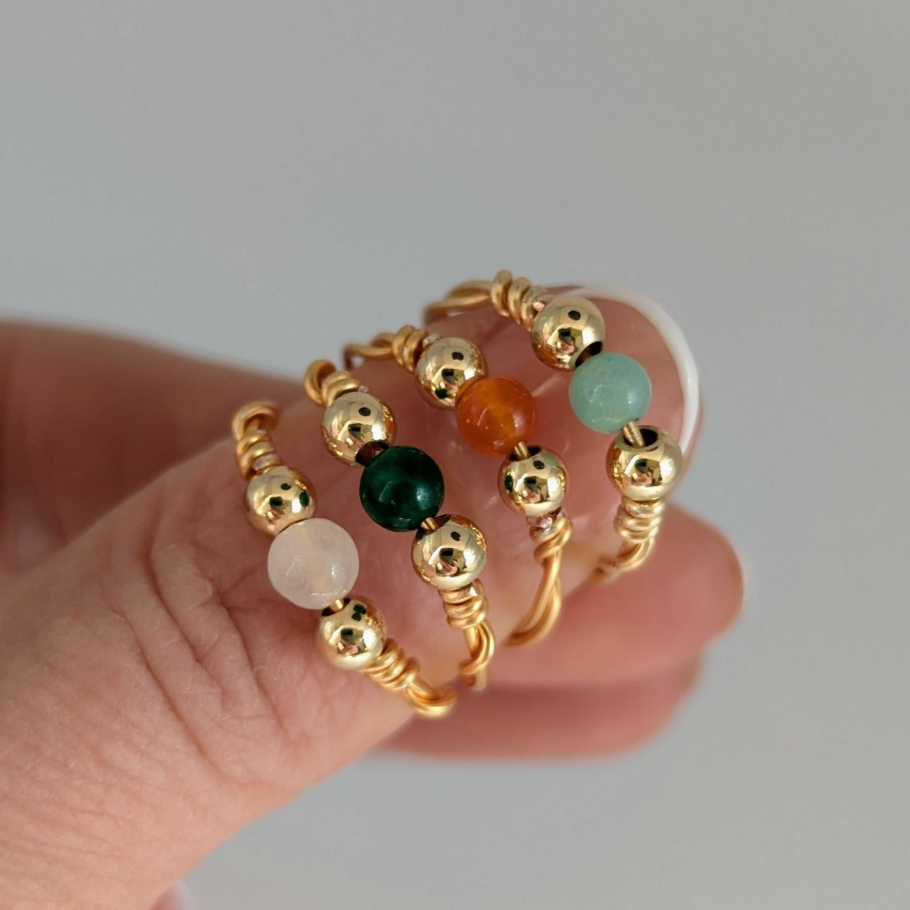 SIZE SMALL Semi Precious Bead Gold Plated Wire Rings in a Choice of Colours