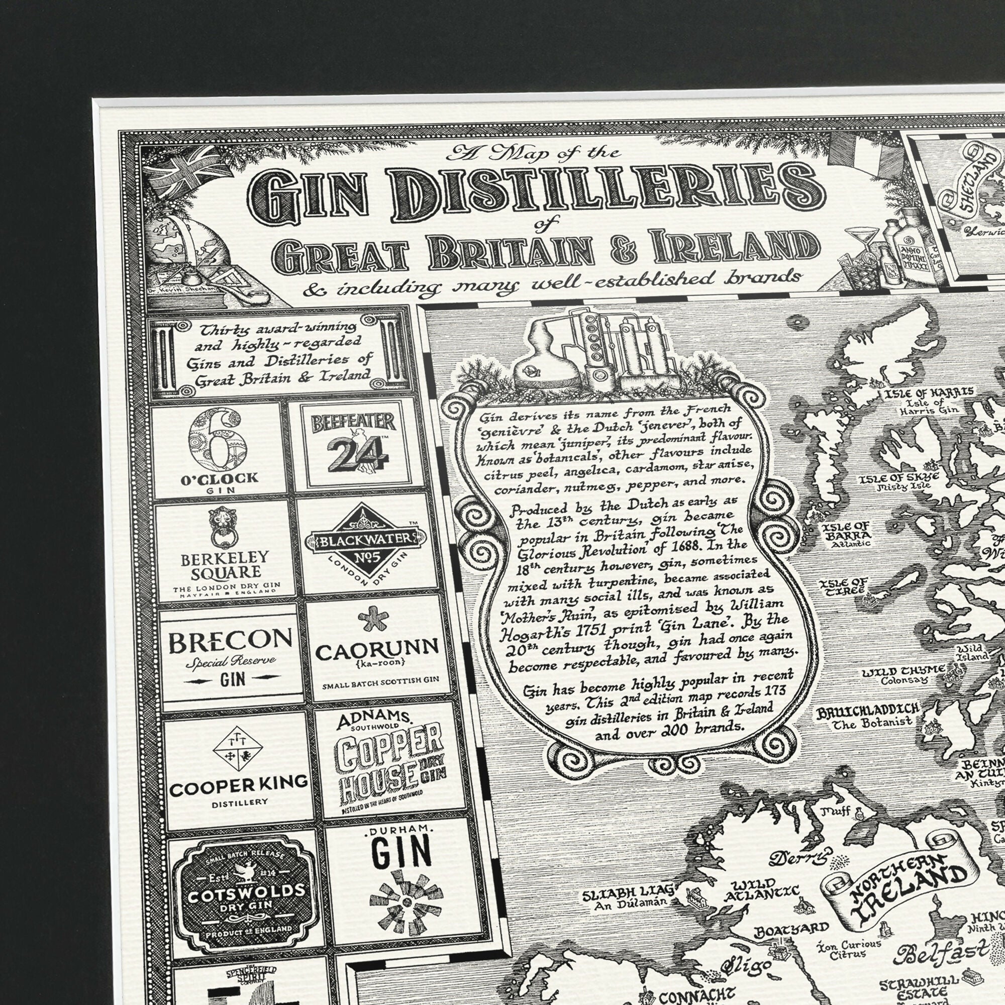 Gins of Britain & Ireland Map Hand Drawn Art Print