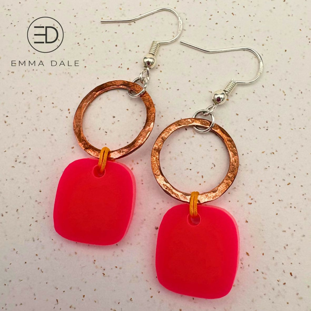 Neon Pink Acrylic & Hand-Hammered Copper Earrings